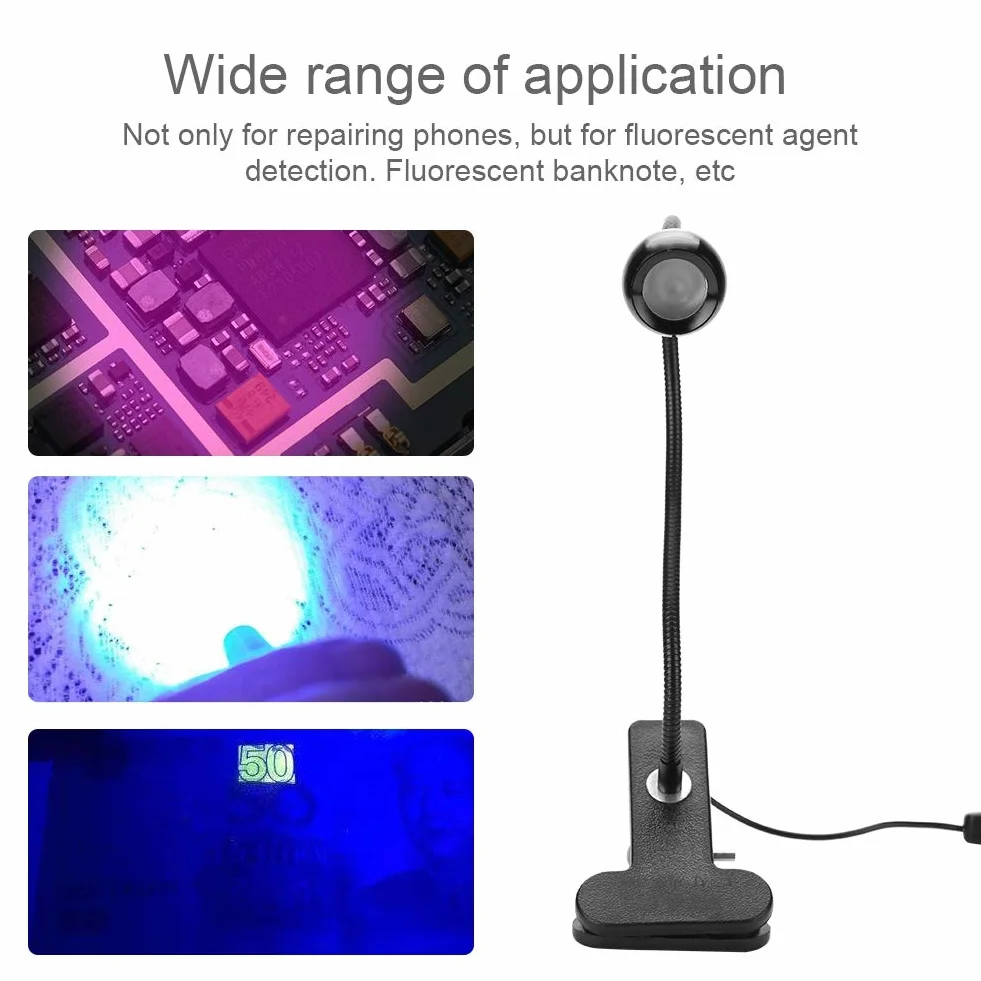 Lampa UV ultrafioletowa LED, USB 3W Lampa kleju UV Ultrafioletowa dioda LED Fioletowe światło USB Z klipsem i przełącznikiem do naprawy telefonu banknot fluorescencyjny