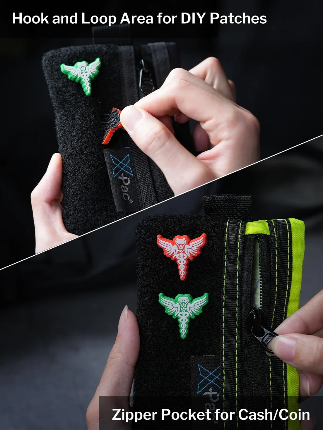VIPERADE VE15 Mini organizer kieszonkowy EDC, mini kieszonkowa torba na narzędzia z miejscem na naszywki DIY, mini kieszonka, portfel, portmonetka na monety do EDC, łatwy dostęp do karabińczyka,
