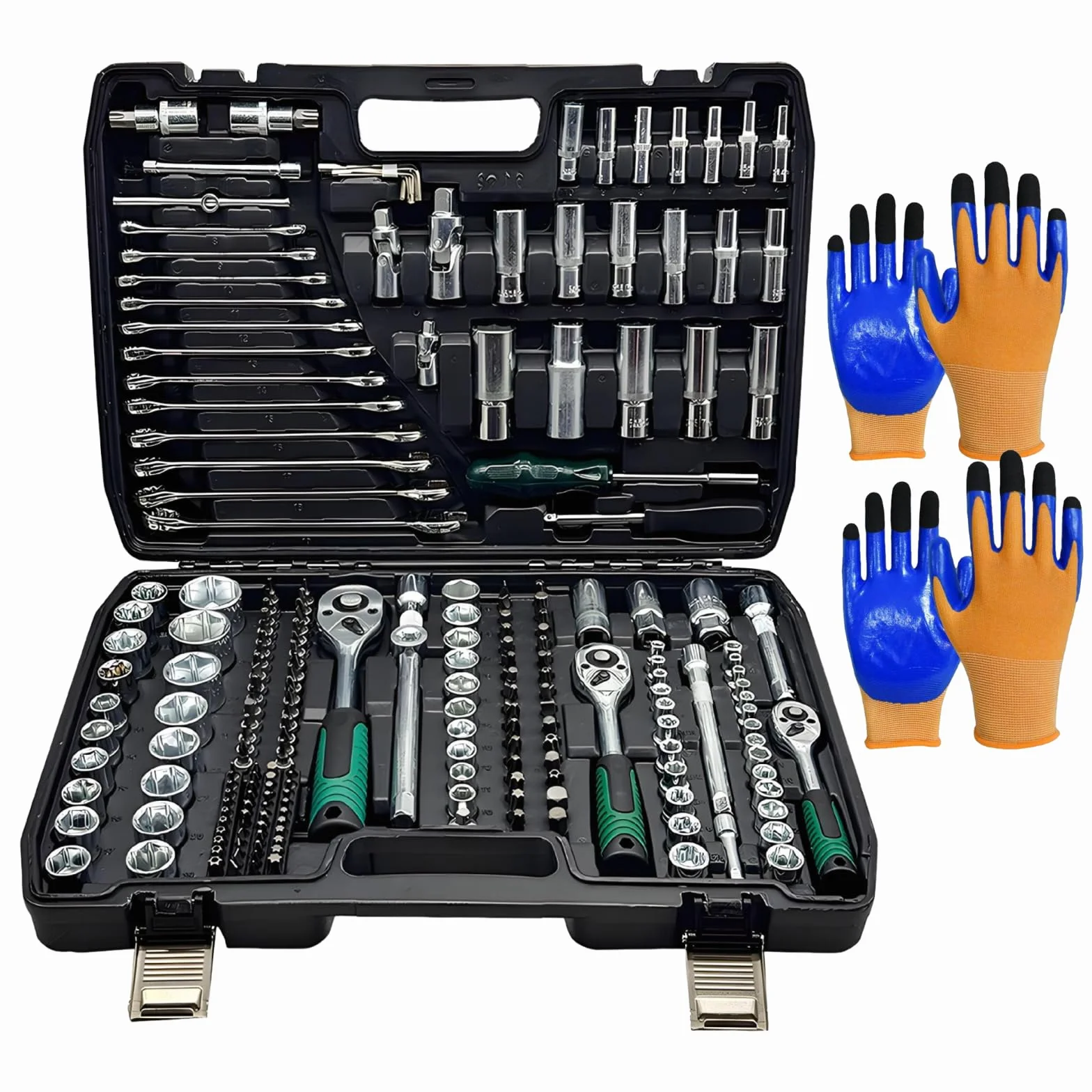 216-częściowy zestaw narzędzi dla mechaników, zestaw kluczy grzechotkowych 1/4", 3/8" i 1/2" z uniwersalnymi przegubami i przedłużaczami, zestawy nasadek z 72 zębami, do napraw samochodowych, Strona g