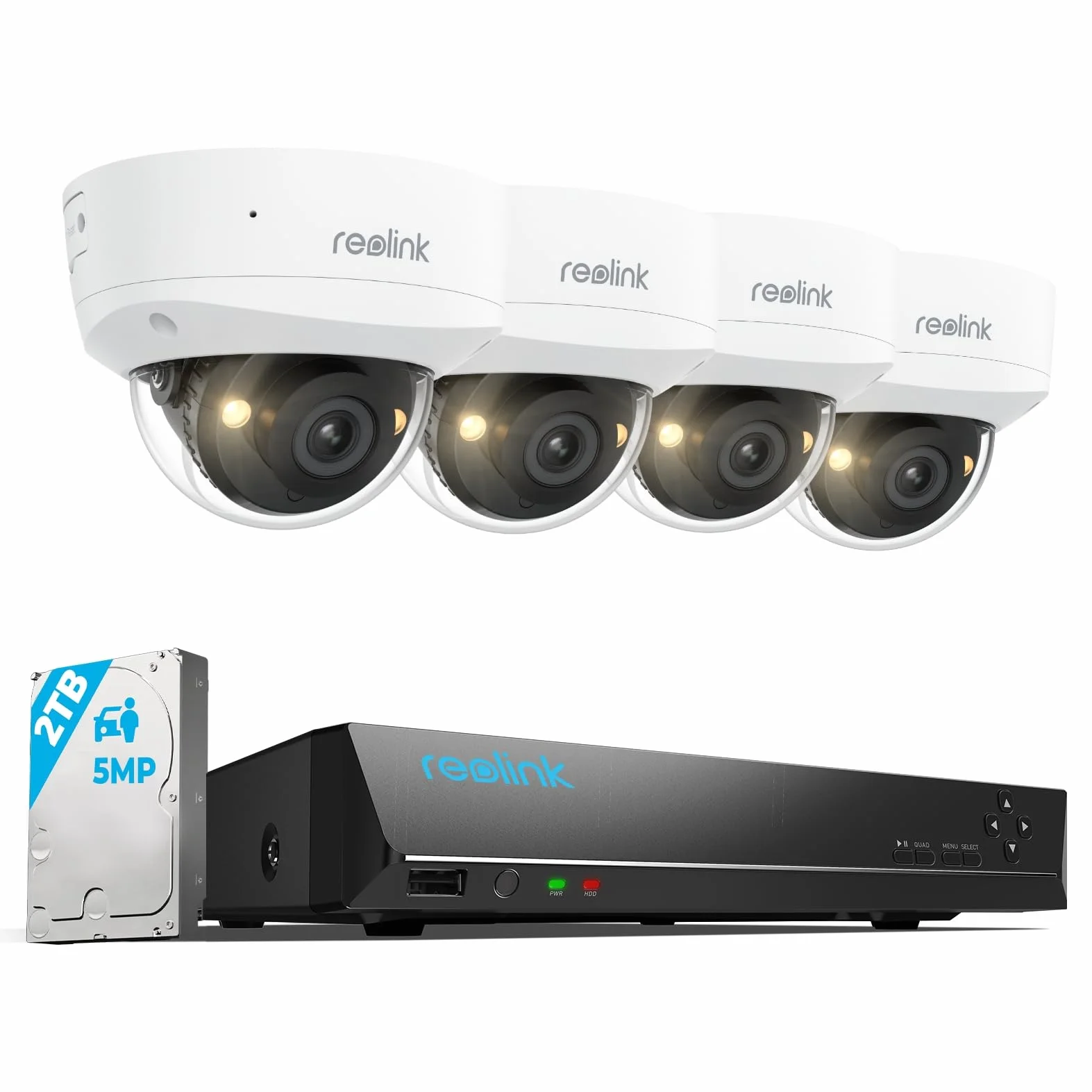 Reolink 5MP PoE System kamer z 4 wandaloodpornymi kamerami, noktowizor, wykrywanie osób/pojazdów/zwierząt, 8-kanałowy NVR z dyskiem 2 TB, RLK8-500V4.