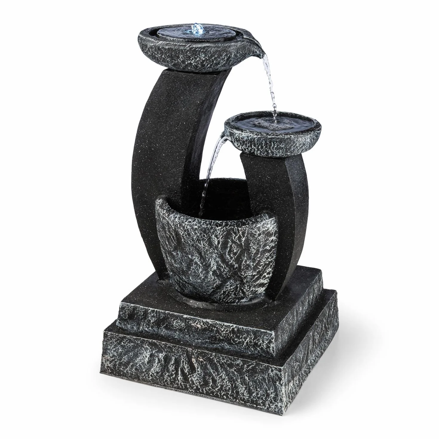 Blumfeldt Fantaghiro fontanna ogrodowa - fontanna ozdobna , 3W , minipompa do 250 l/h , solarna dioda LED , do użytku wewnątrz lub na zewnątrz , 3-stopniowe zbiorniki na wodę z kaskadami , polyresin o wyglądzie kamienia , czarny