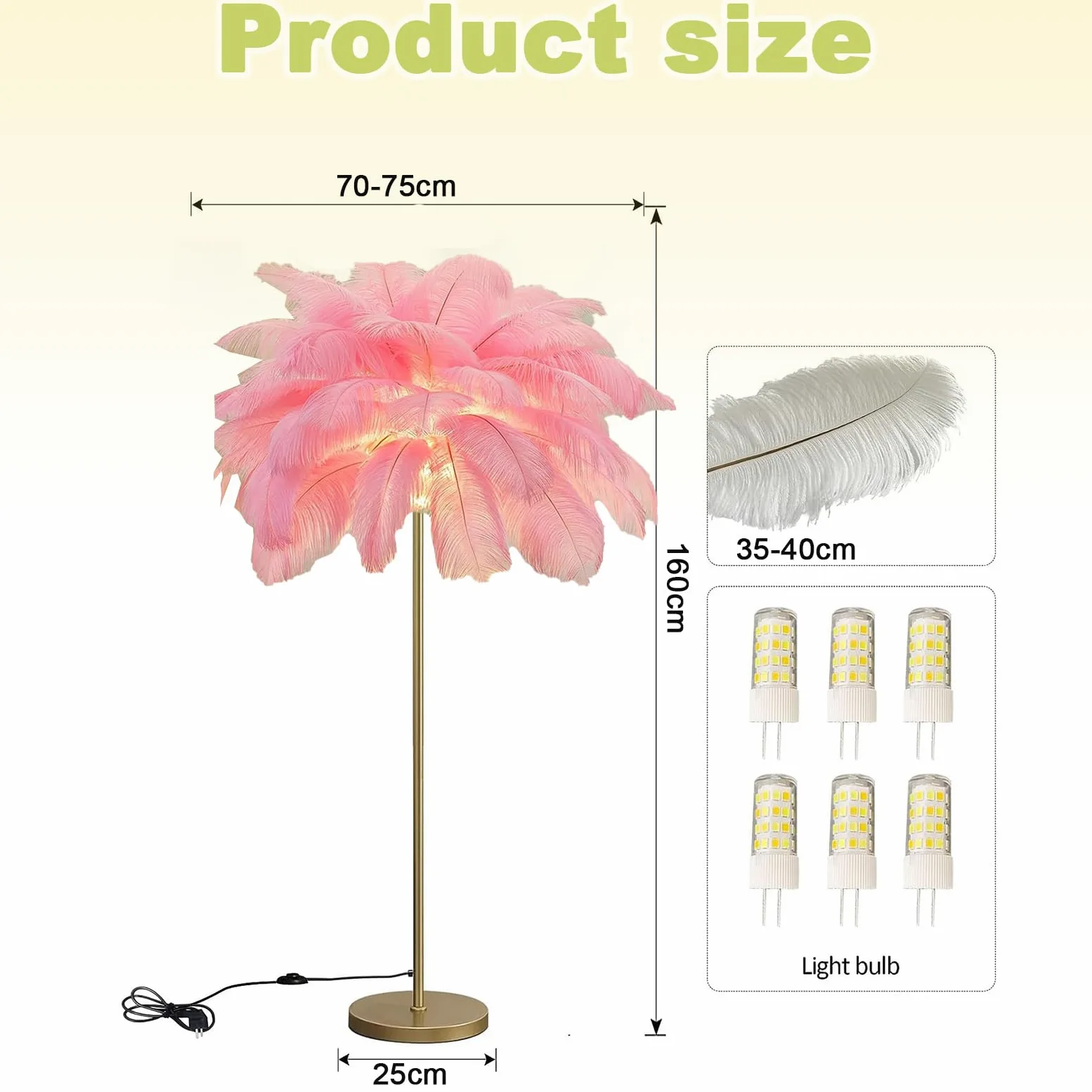 Lampa stojąca z piórami, nowoczesna, 160 cm, duża, strusie pióra, złota lampa stojąca z abażurem ze sprężynami, 3-kolorowe ściemnianie, z przełącznikiem przyciskowym, oświetlenie dekoracyjne