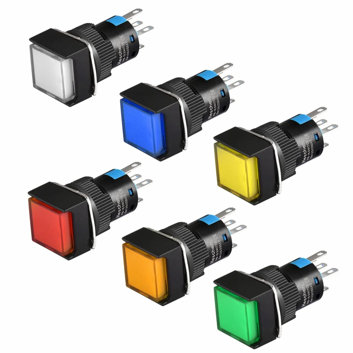 Heschen 16 mm kwadratowy przycisk przełącznik chwilowy 1NO 1NC czerwony zielony pomarańczowy niebieski żółty biały 12 V lampa LED