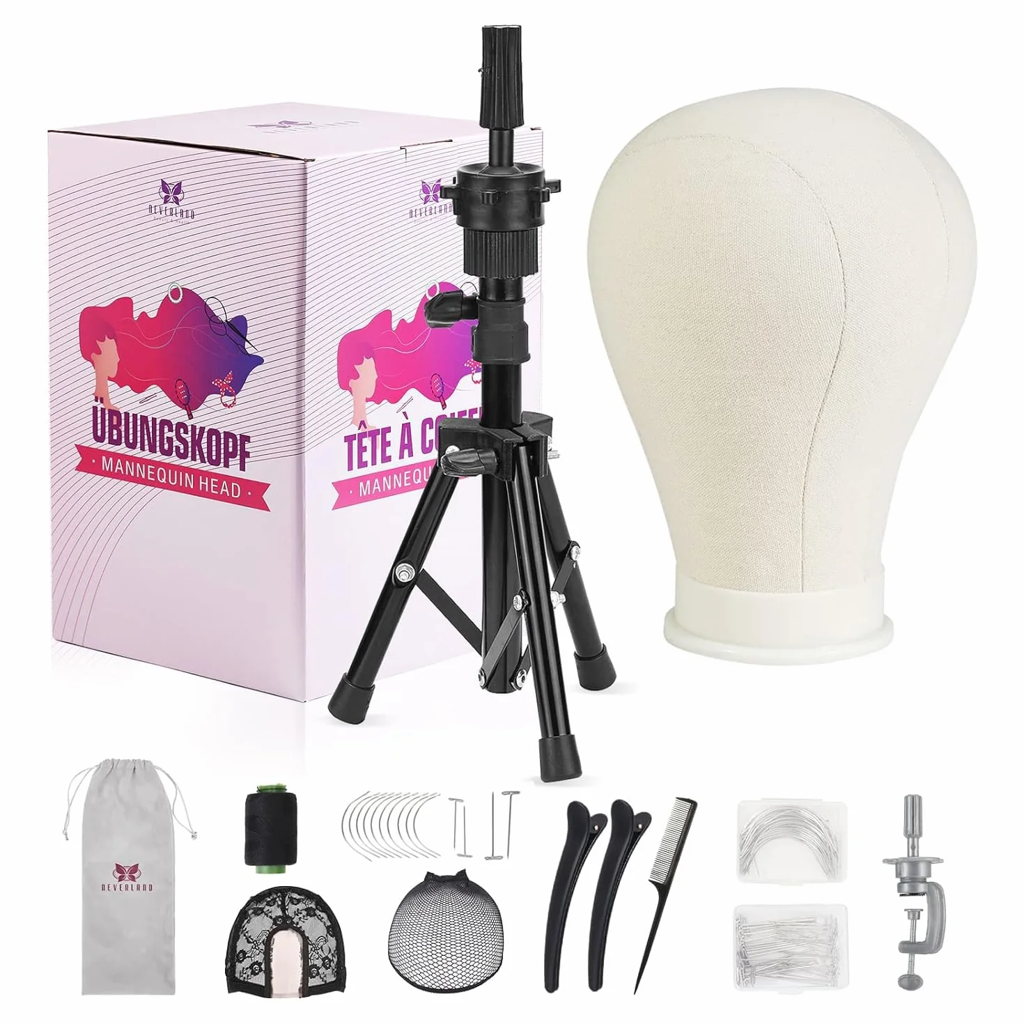 Neverland Beauty & Health Statyw pod perukę z 58 cm płócienną główką peruki, stojak z głową manekina, zestaw głowicy manekina do robienia ekspozycji