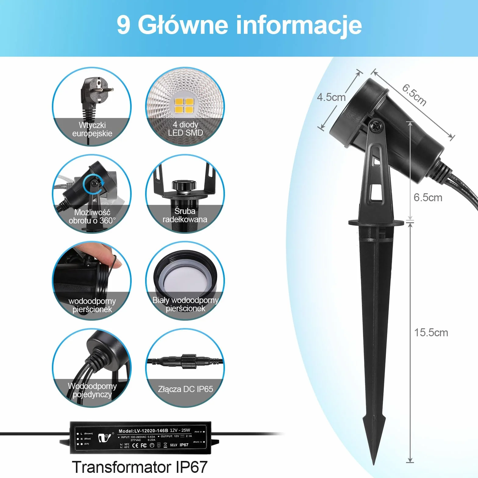 Oświetlenie ogrodowe LED, 21 m, 6-częściowy reflektor ogrodowy z uziemieniem, 12 V, 3 W, 1800 lm, lampa ogrodowa, IP65, wodoszczelna, ciepła biel, lampa ogrodowa na zewnątrz, trawnik