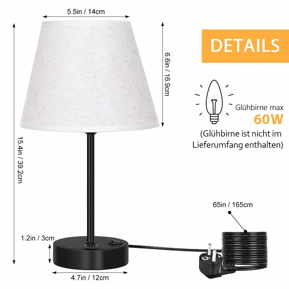Zestaw 2 lamp nocnych LIANTRAL z 2 gniazdami USB, E27, nowoczesna lampa stołowa z metalową podstawą i abażurem z tkaniny, lampka nocna do sypialni, salonu, biura
