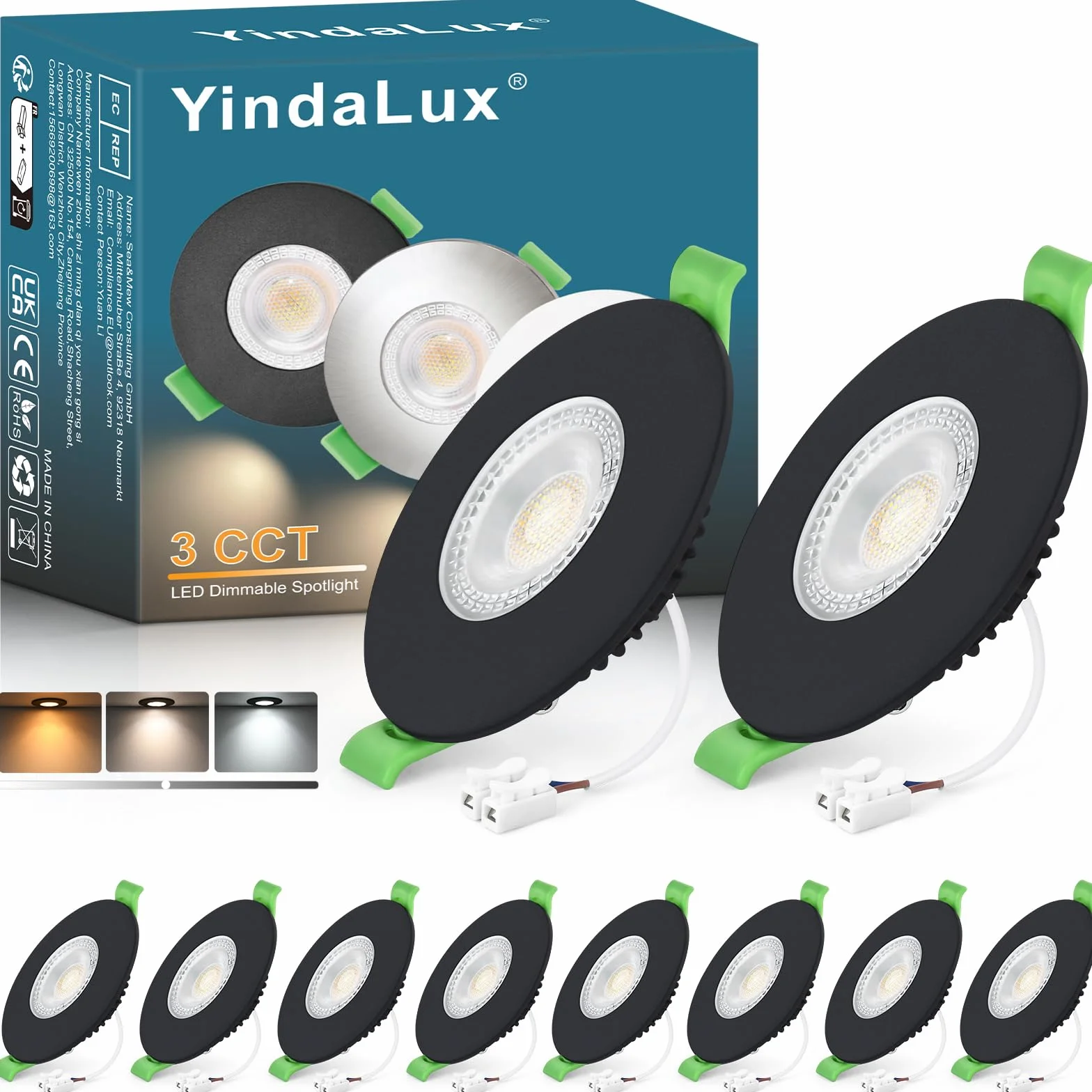 YindaLux Reflektor LED wpuszczany 7 W 700 lm IP65 reflektor łazienkowy, ciepła biel 2700 K, neutralna biel 4000 K, zimna biel 6000 K, regulowana, otwór Φ60-75 mm, AC220-240 V, zestaw 10 sztuk, czarny