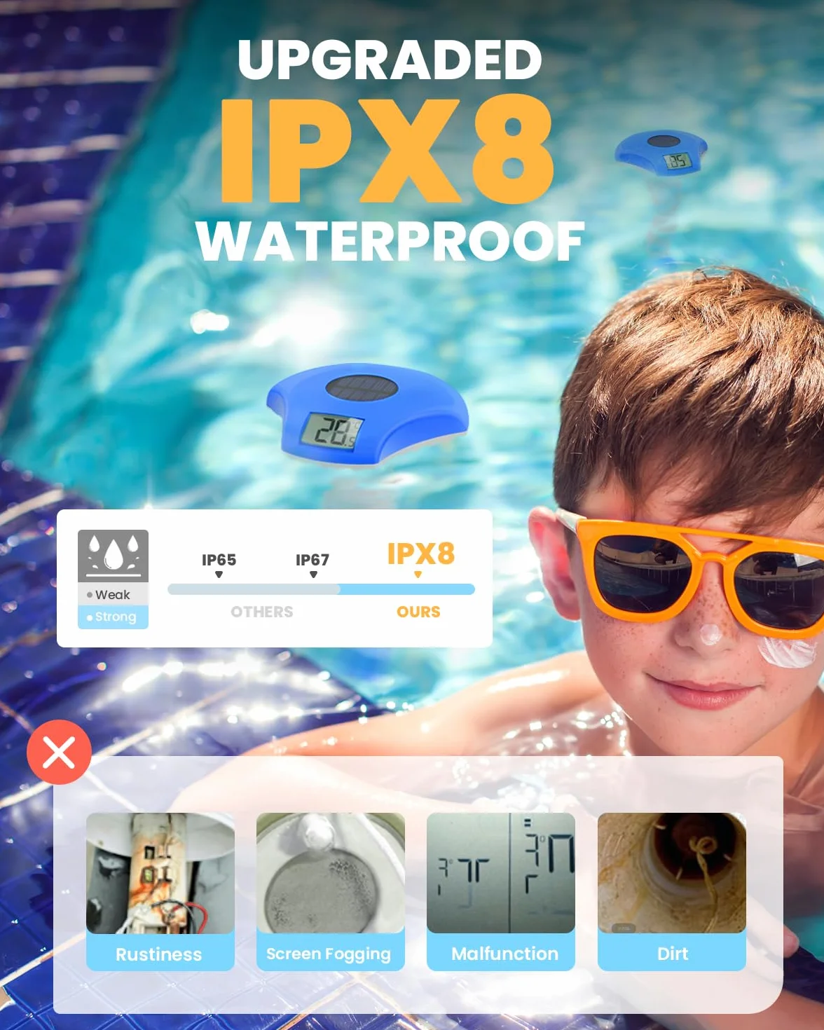 BALDR Pływający termometr basenowy, wodoszczelny IPX8, zasilany energią słoneczną, termometr basenowy, nadaje się do basenu/jacuzzi/źródła ciepłej wody/akwarium (ciemnoniebieski)