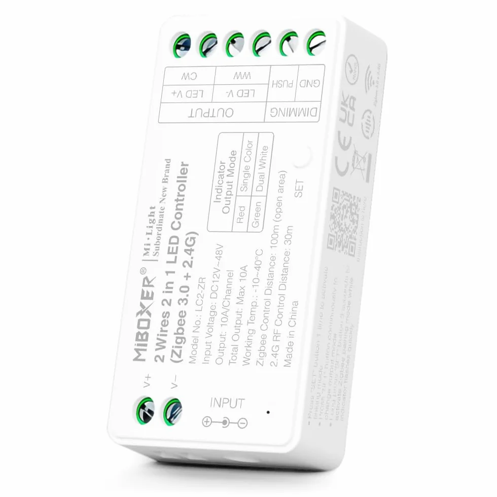 LIGHTEU®, Miboxer 2-przewodowy kontroler LED 2 w 1 (Zigbee 3.0 + 2,4 GHz), ściemniacz do taśm CCT, kompatybilny z pilotami zdalnego sterowania MiBoxer i aplikacją Tuya Smart LC2-ZR