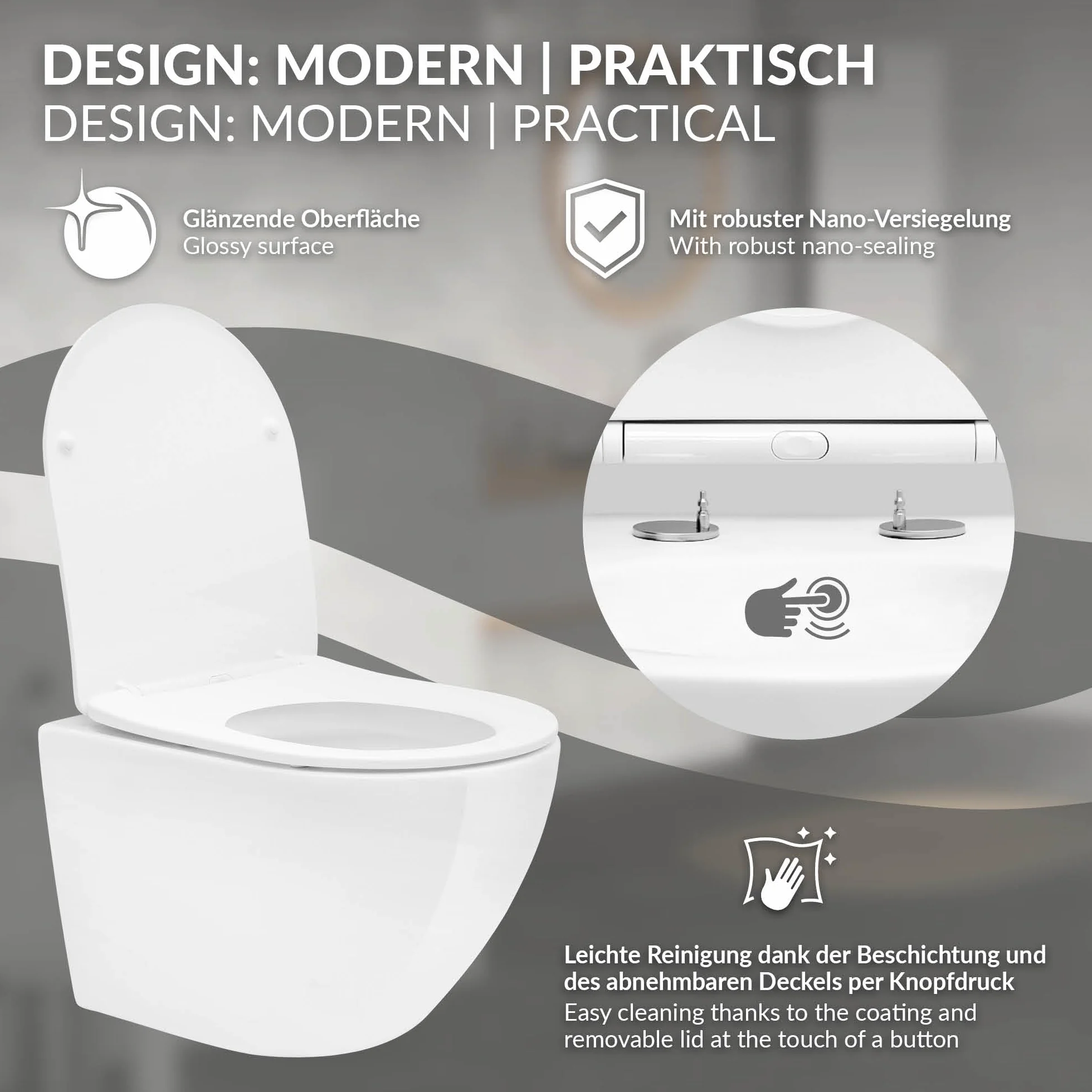 LuxeBath Rimless Toaleta wiszaca kompaktowa 49cm z powloka nano w odcieniu blyszczacej bieli ceramiczna miska z powloka antybakteryjna zdejmowana deska z duroplastu z funkcja samoczynnego opuszczania