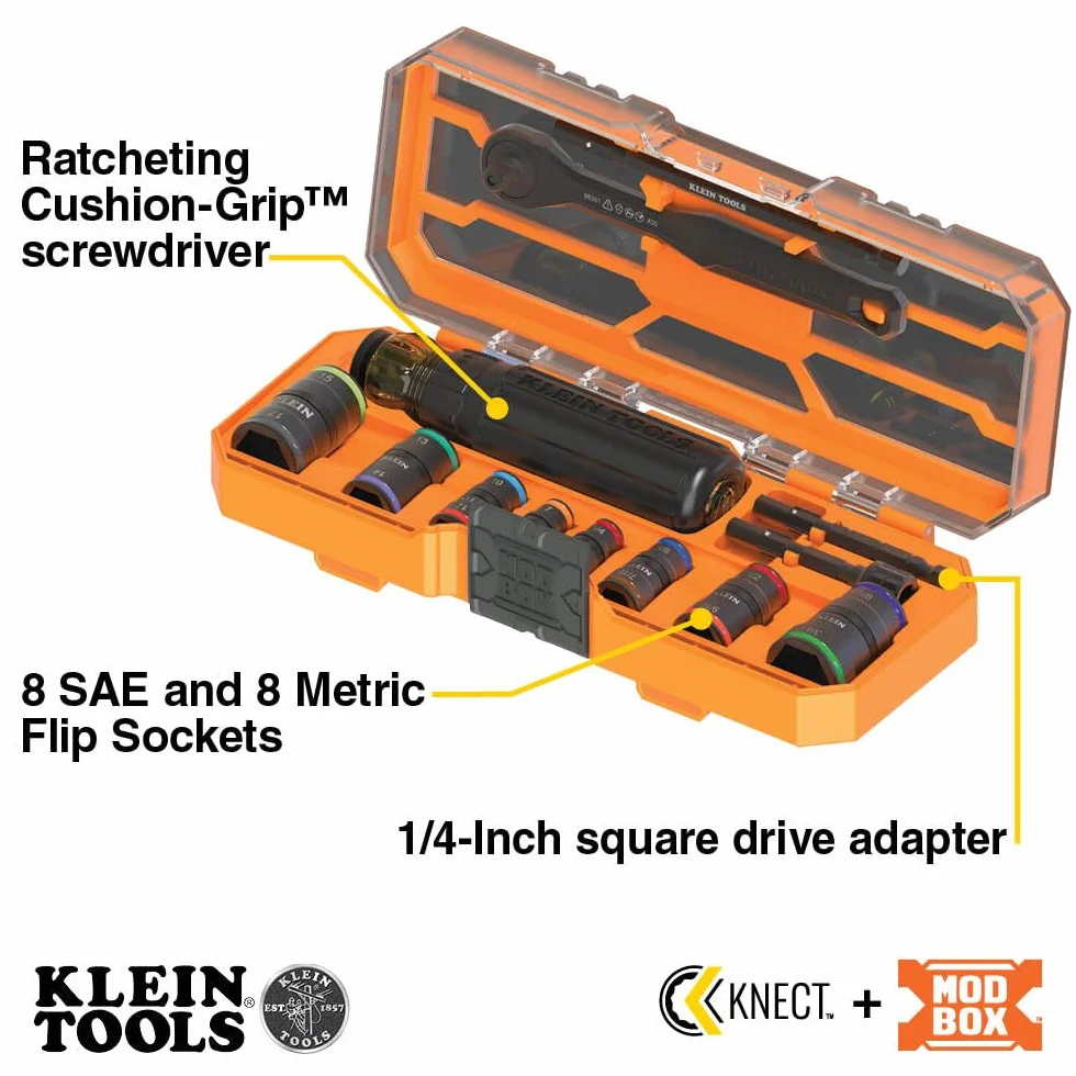 Klein Tools 65242 Zestaw nasadek udarowych KNECT, zestaw wkrętaków zapadkowych, napęd 1/4-calowy, SAE i metryczne gniazda z klapką, 16 rozmiarów sześciokątnych, adaptery, obudowa MODbox