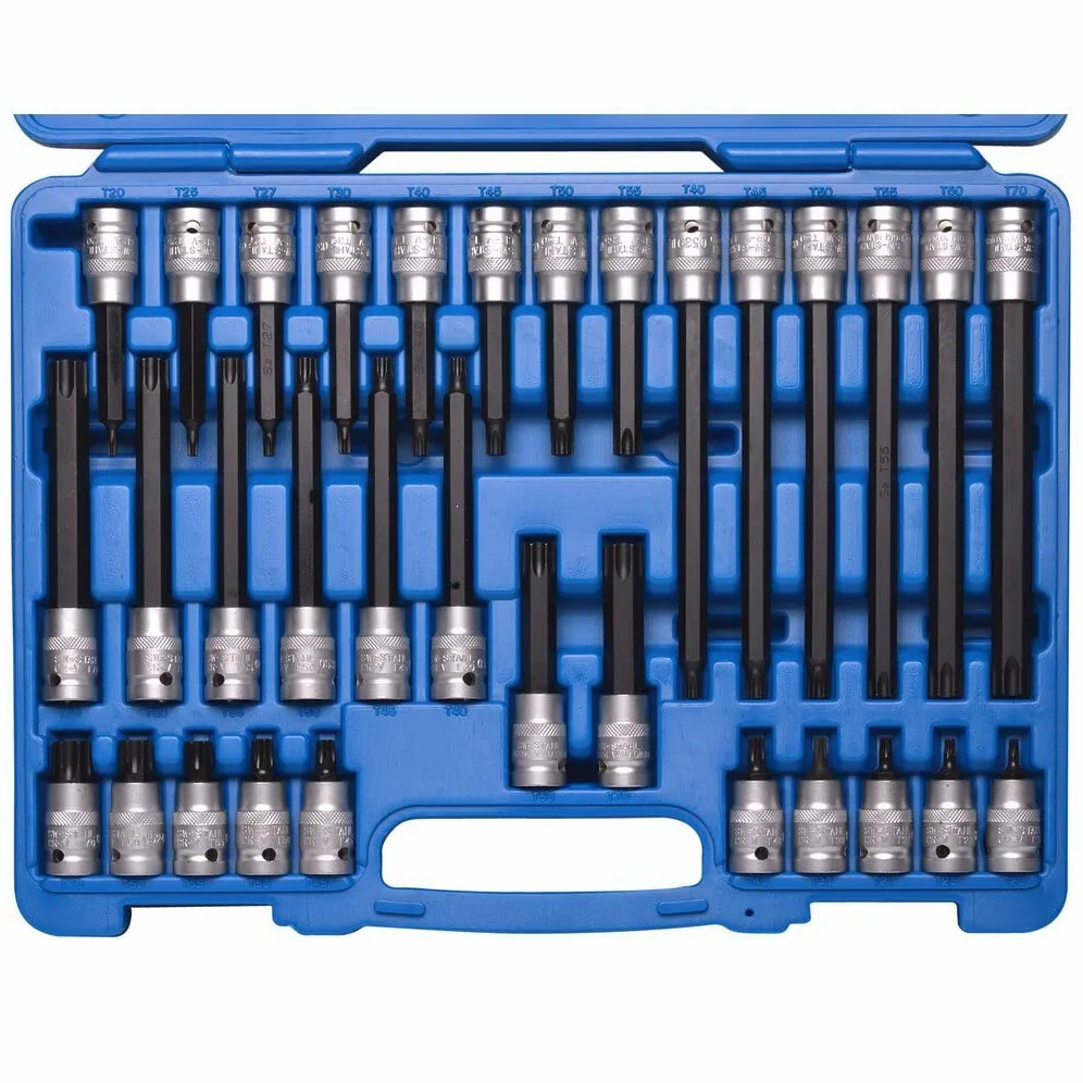 SW-Stahl 04423L Zestaw Kluczy Nasadowych Torx 1/2", Profil T, 32 Elementy | Nasadki wkrętakowe T20-T70 ze stali chromowo-wanadowej, bity krótkie i długie 55-200 mm w walizce, do śrub TX.