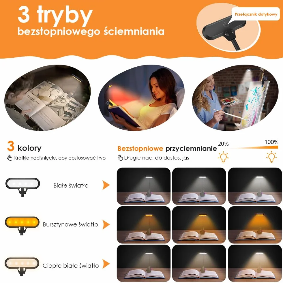 OUSFOT Lampa do czytania książek, zacisk z 3 stopniami jasności, 9 diod LED, ładowana przez USB, lampa zaciskowa 360°, elastyczna lampa zaciskowa LED, do biura, łóżka, stojak na nuty