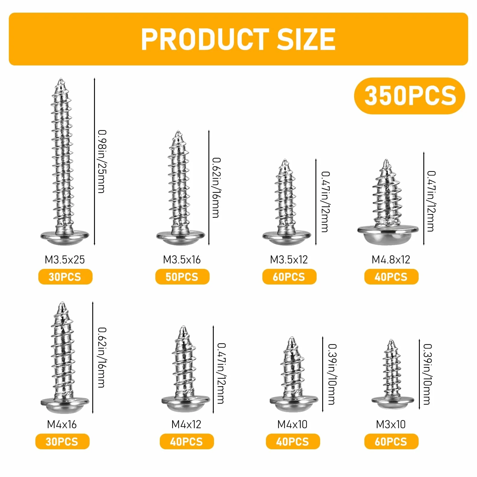 350 sztuk wkrętów z łbem talerzowym, wkręty samogwintujące, M3, M3, M3, M4, M4,8, wkręty do drewna, samowiercące śruby metalowe z tarczą do drewna