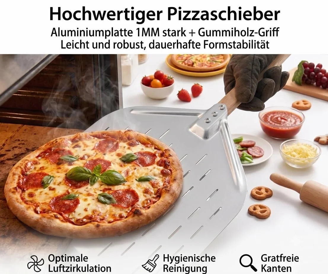 Łopatka do pizzy perforowana aluminiowa 39,5 x 30 x 2 cm ze zdejmowanym drewnianym uchwytem