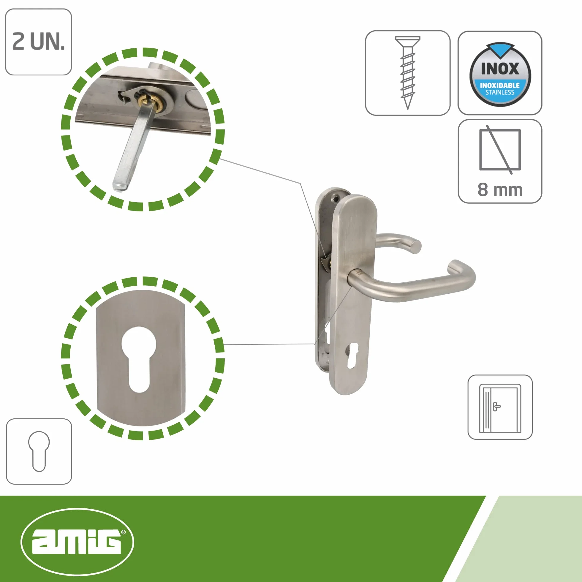 Amig - Zestaw klamek z płytą drzwiową | Mod. 3PXB85 | 139 x Ø19 mm | 8 mm kwadrat | Elegancki i prosty design | Stal nierdzewna 18/8 srebrny matowy
