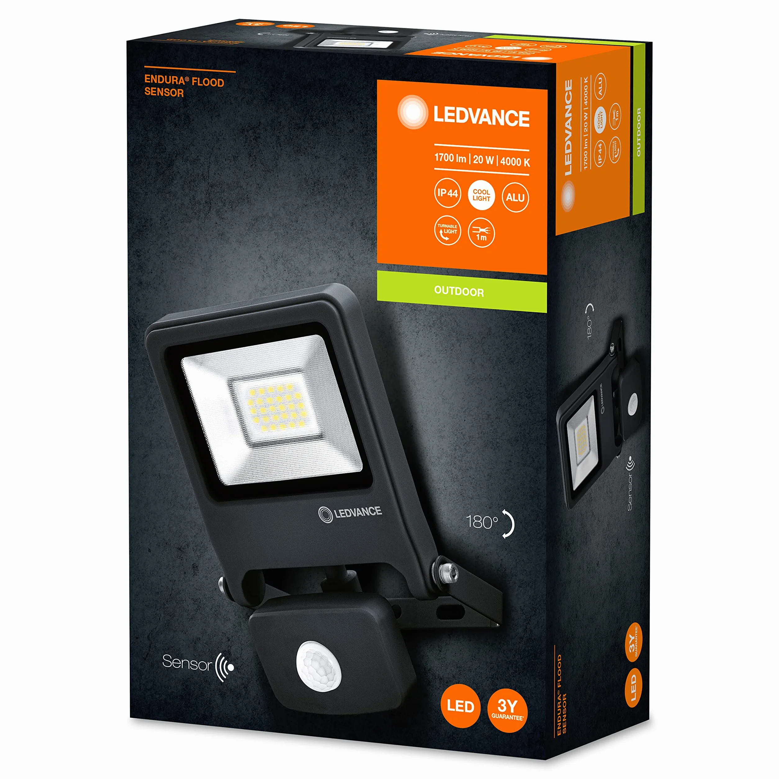 LEDVANCE Naświetlacz LED: for ściana, ENDURA® FLOOD Sensor Zimna biel / 20 W, 220…240 V, kąt rozsyłu światła: 120°, Zimna biel, 4000 K, materiał: aluminum, IP44