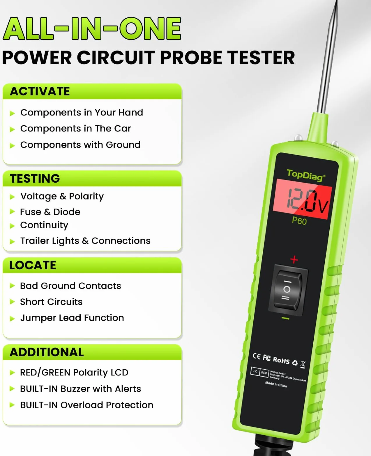 TopDiag Tester sondy P60, tester obwodu samochodowego, z testerem napięcia AC/DC, wyświetlaczem LCD, narzędziem do instalacji elektrycznej, test ciągłości testu diody aktywacji komponentu, elektryczny