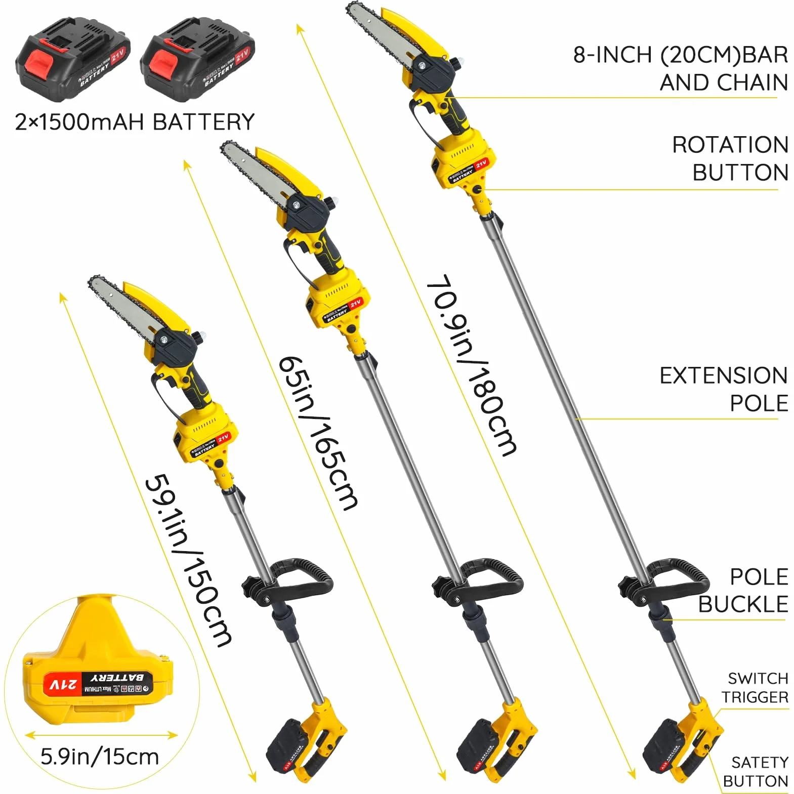 Bezprzewodowa mini piła łańcuchowa 2 w 1 21 V z 2 bateriami do przycinania drzew