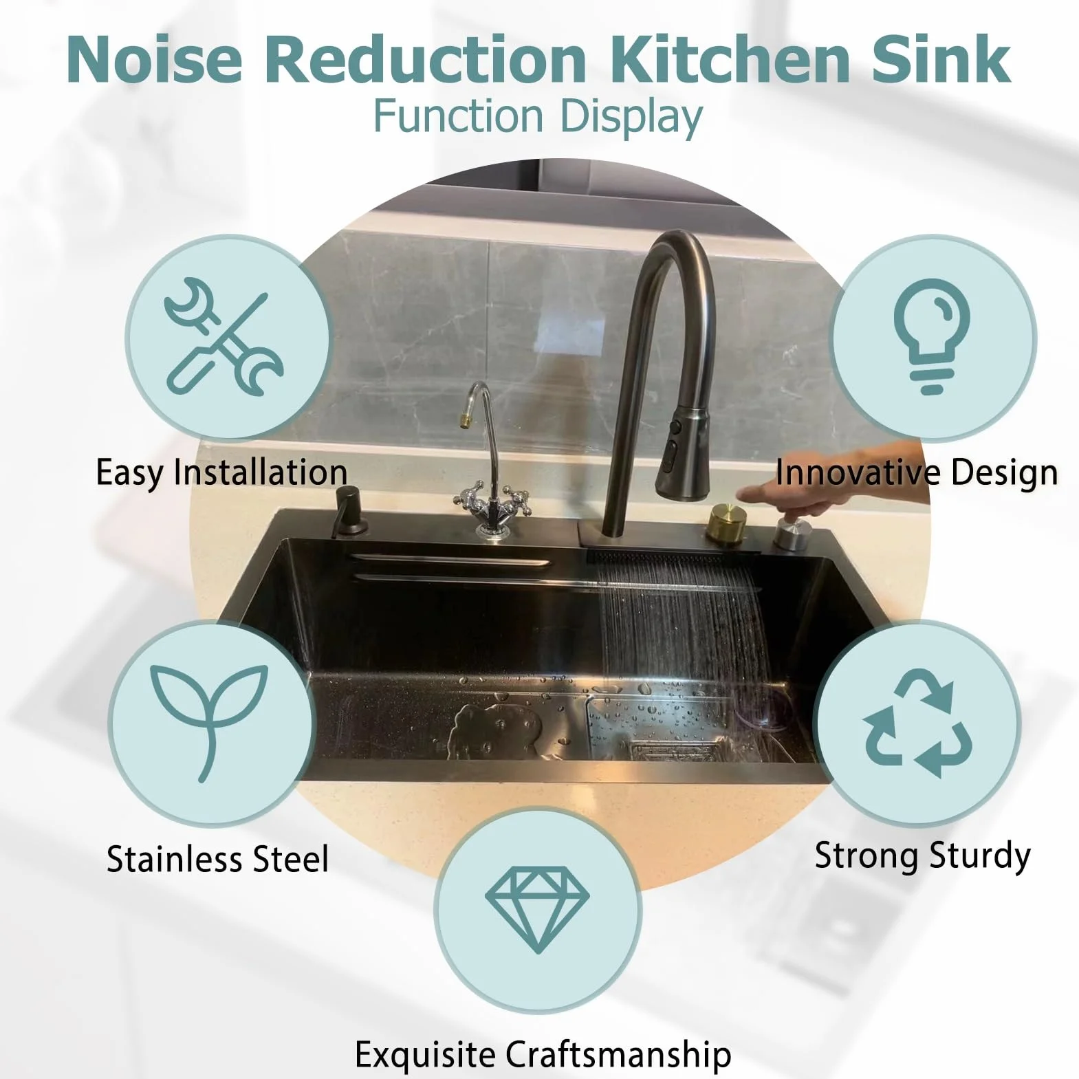 Workstation Kitchen Sink With Waterfall Dual Bowl Pull-Out 3 In 1 Faucet, Stainless Steel Basin Set, Pressure Pot Washer, Cutting Board, Draining Basket More Accessories(Black-Gray A,80x46cm)