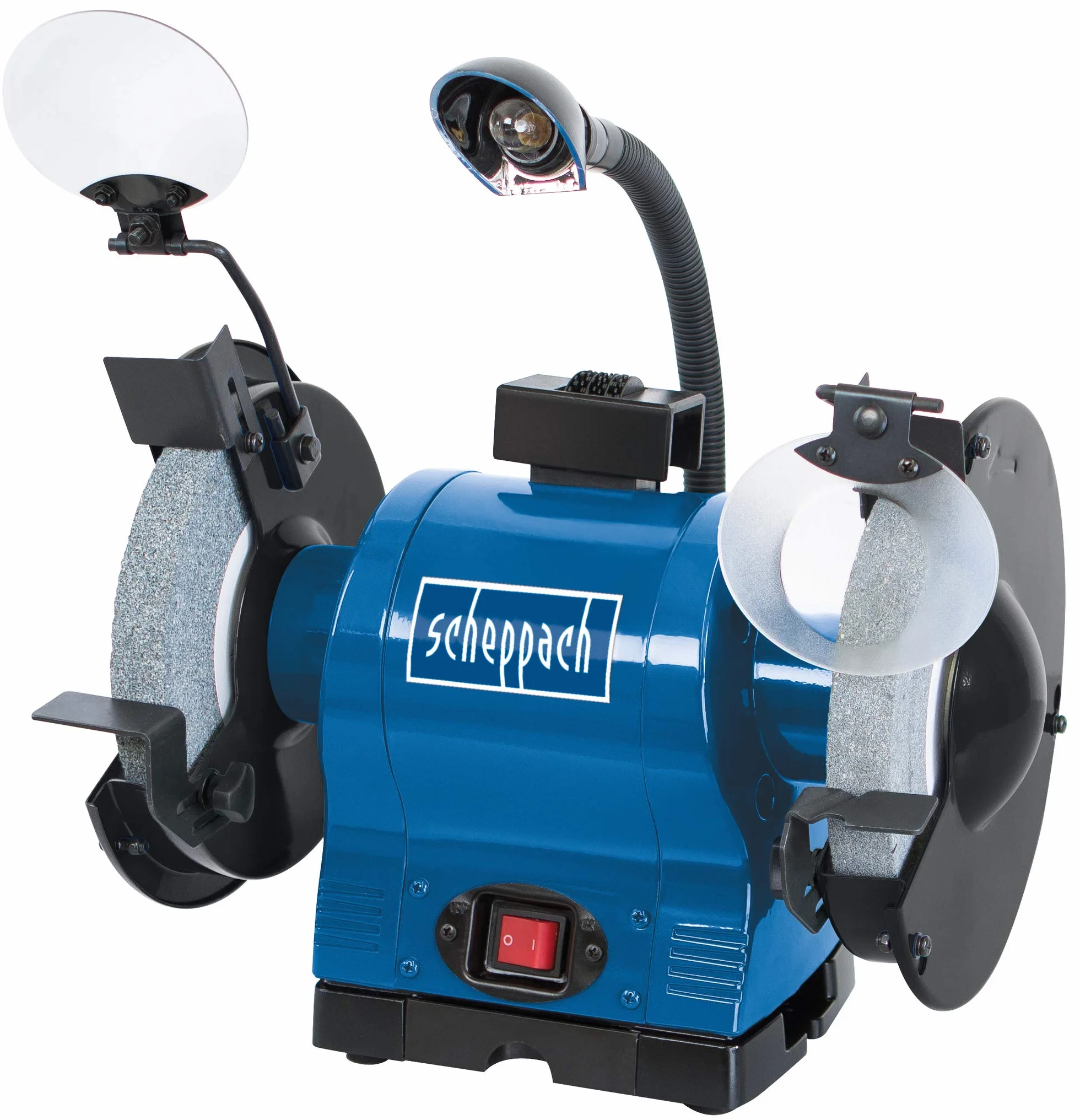 Scheppach Profesjonalna podwójna szlifierka BG200 z silnikiem indukcyjnym i lampą roboczą | 230 V 550 W - Ø 200 mm kamień | K36 / K60 | ochrona przed iskrami | nakładka na przedmiot obrabiany i obudowa na kamień szlifierski | w zestawie zbiornik na wodę
