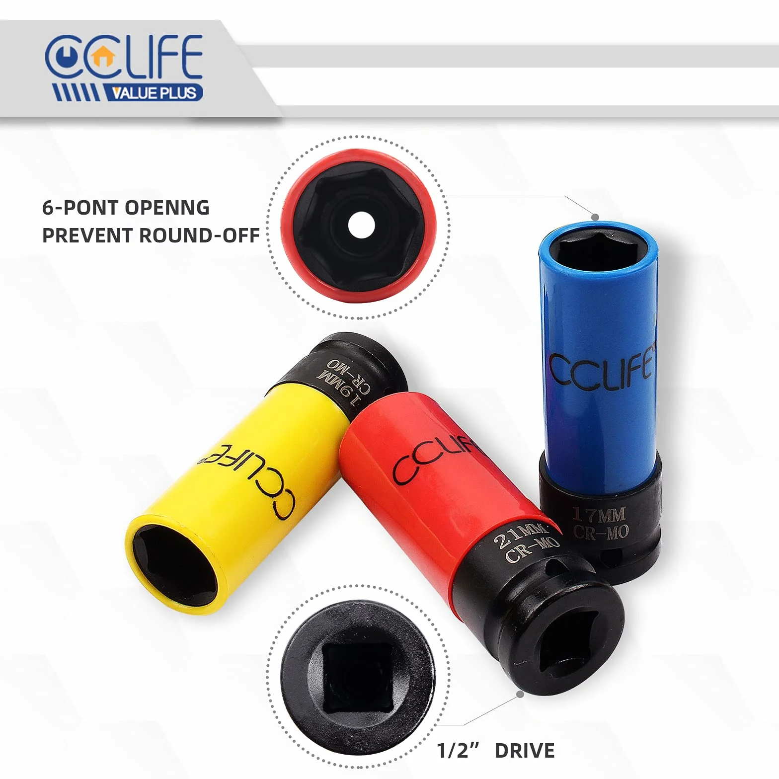 CCLIFE 1/2" Nasadki udarowe 17-19-21mm Zestaw kluczy nasadowych udarowych 85mm Długość, śruby koła 3szt