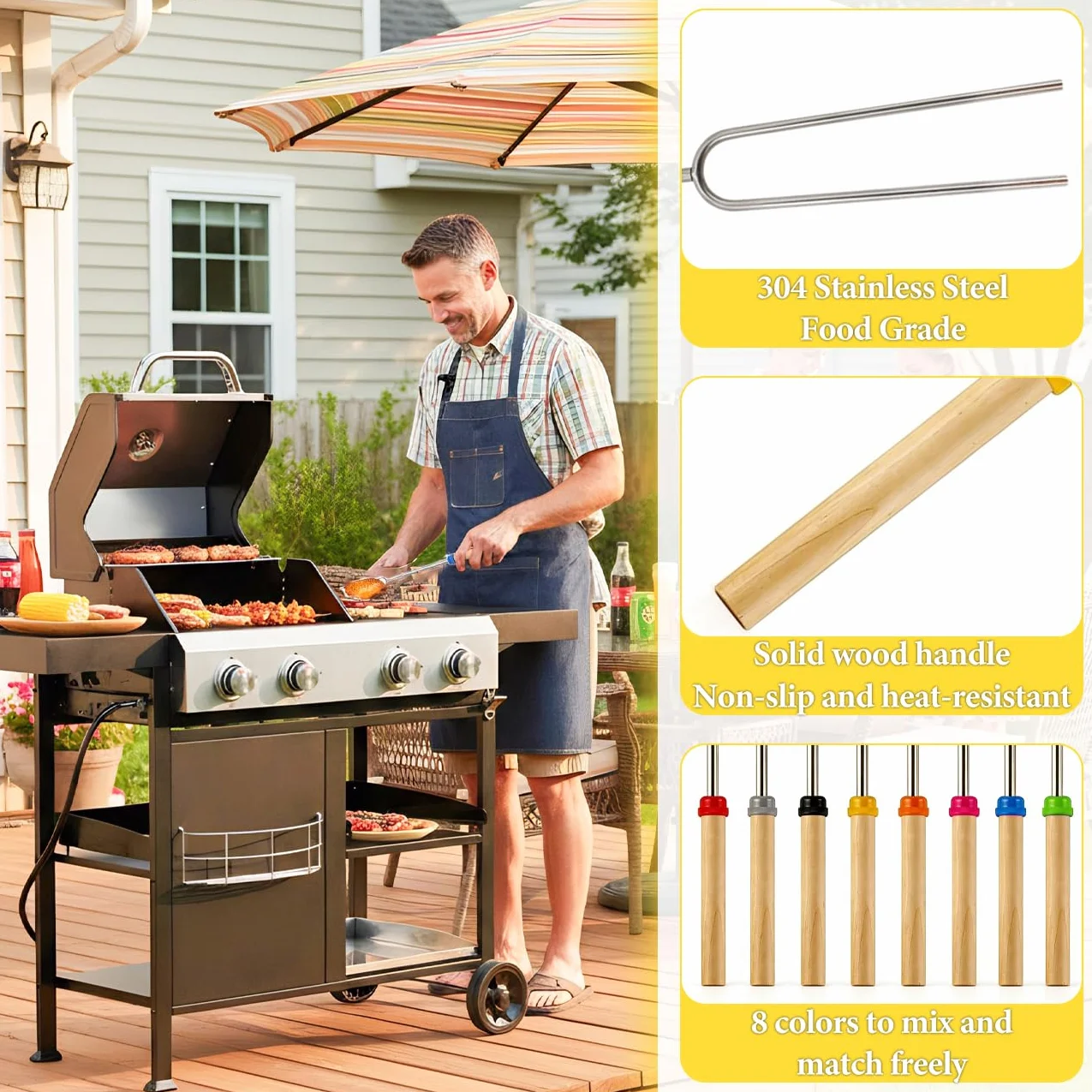 Szpikulce do grillowania ognisko, 8 sztuk, teleskopowe szpikulce ogniskowe, stal nierdzewna, 31-81 cm, szaszłyki do ogniska, chleba stockowego z izolowanymi uchwytami, akcesoria kempingowe i
