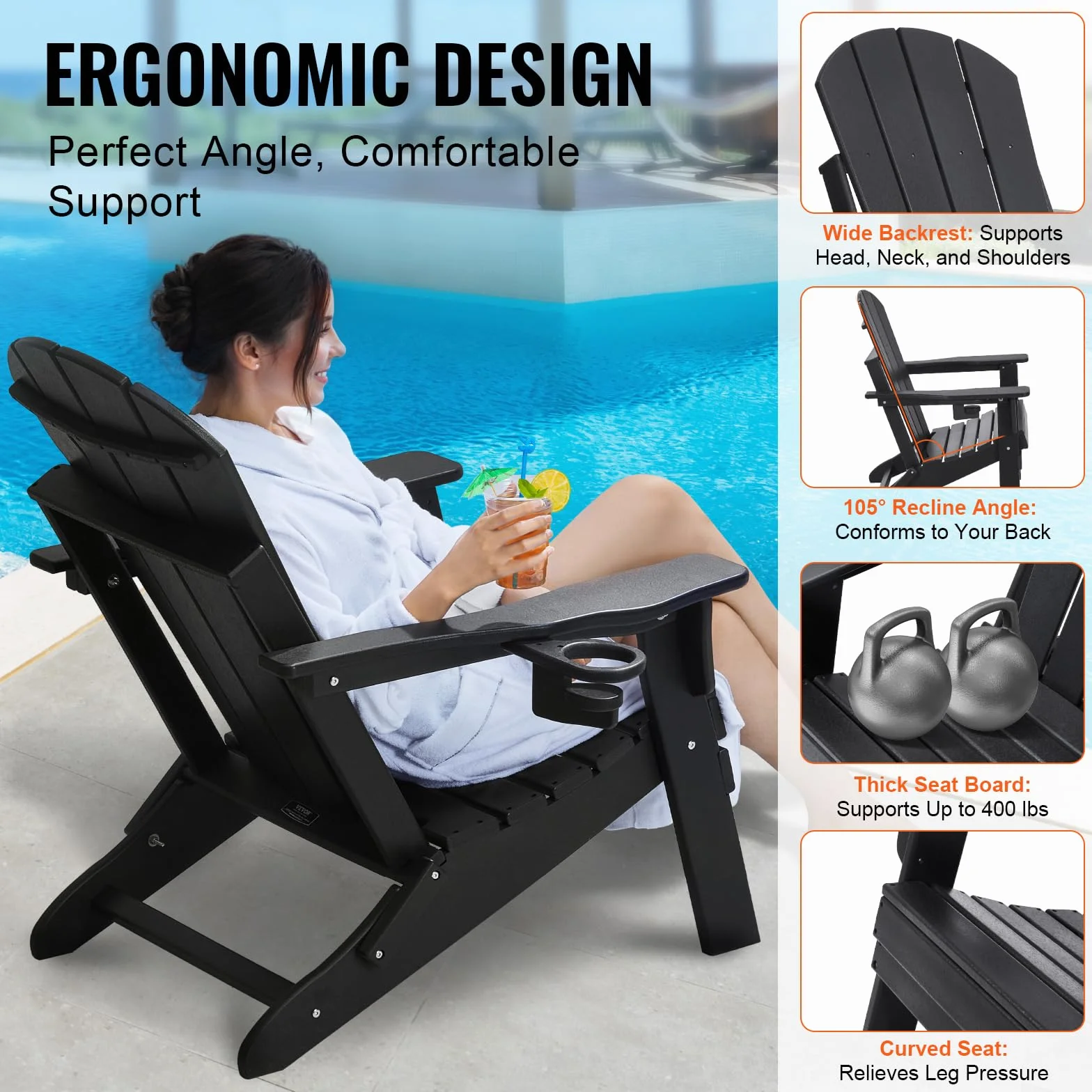 VEVOR Krzesła Adirondack z tworzywa sztucznego, zestaw 2 sztuk, odporne na warunki atmosferyczne, przenośne składane krzesła ogrodowe na patio z uchwytem na kubek, ergonomiczny relaksacyjny