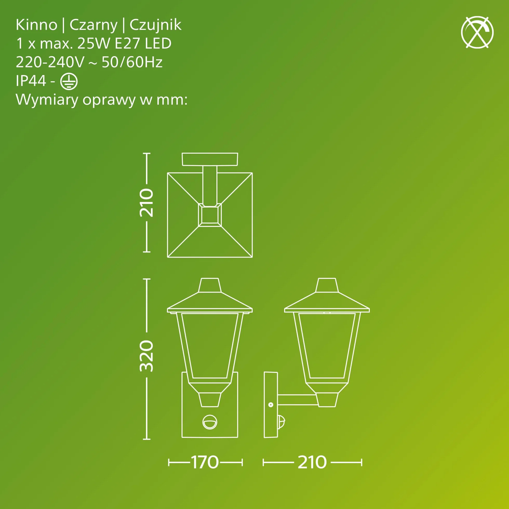 Philips Kinno Zewnętrzna Lampa Ścienna z Czujnikiem, Max 25W, Gniazdo E27, Czarna