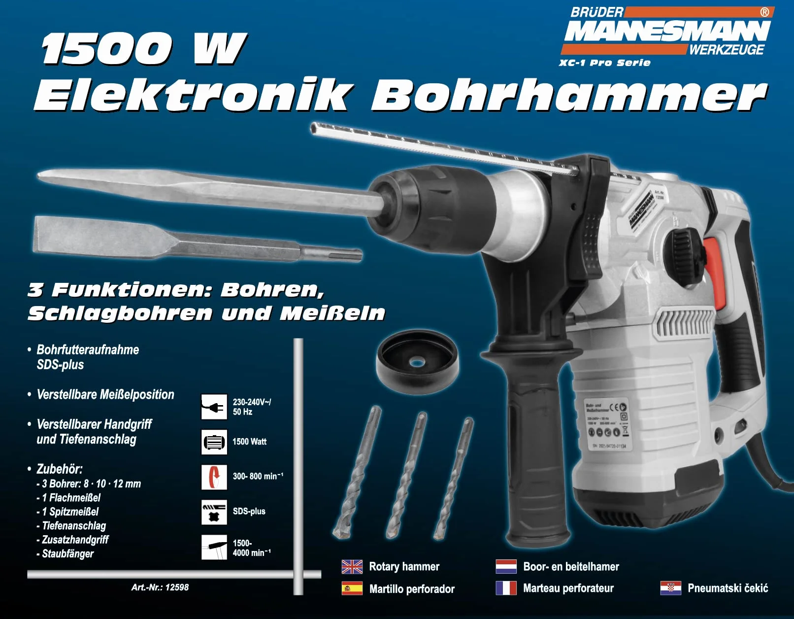 Brüder Mannesmann M12598 1500 W elektroniczny młot udarowo-obrotowy, szary