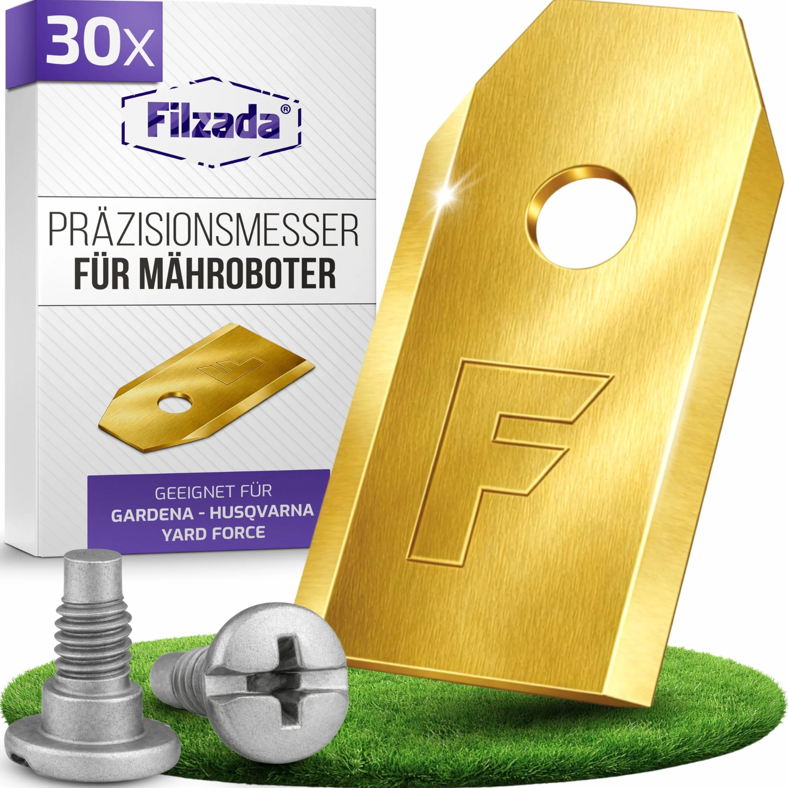 30x ostrza tytanowe LONGLIFE pasujące do wszystkich kosiarek automatycznych Husqvarna® Automower® / Gardena® - (3g - 0,75mm) + 30 śrub - pasują do kosiarek automatycznych 105, 310, uvm