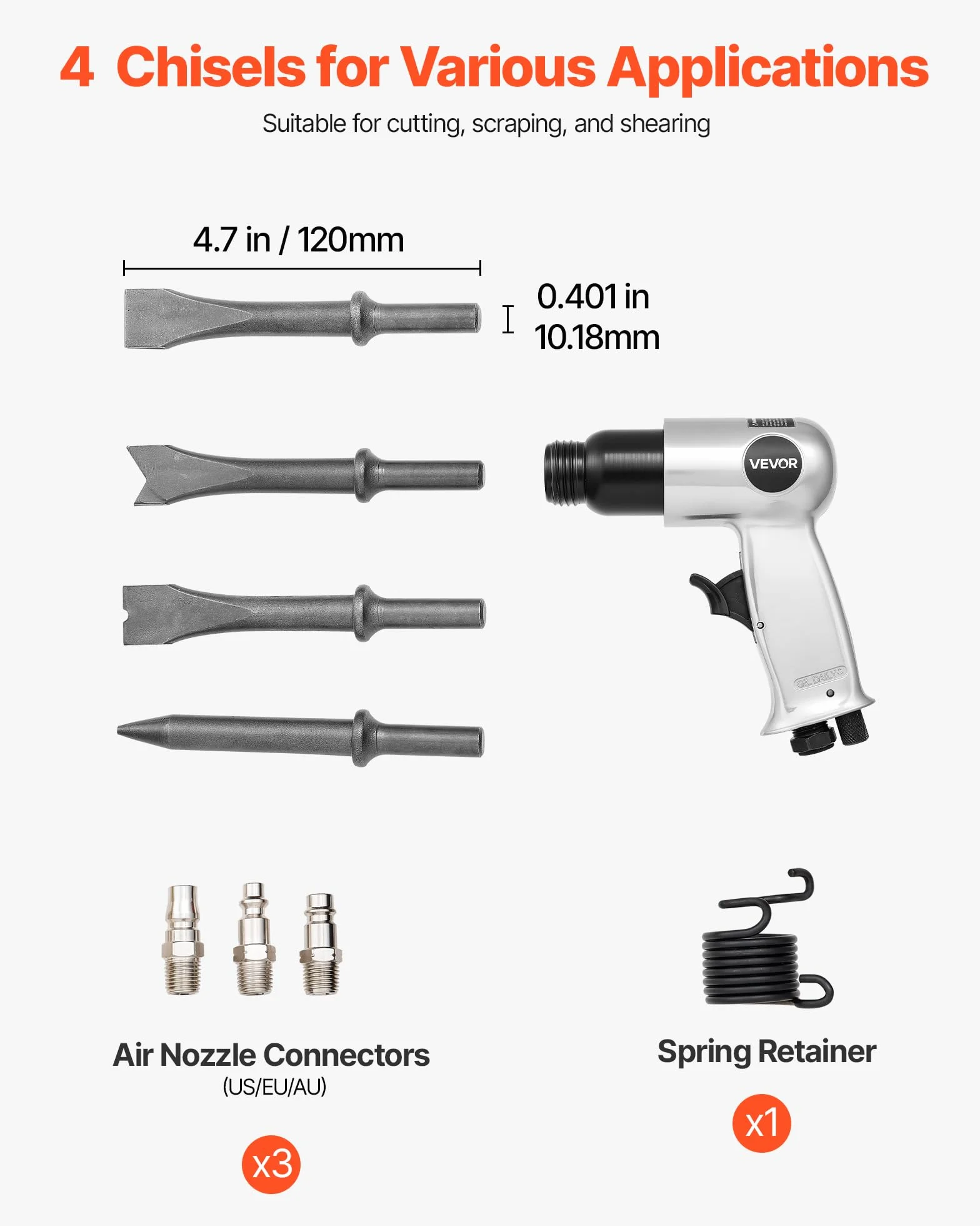 VEVOR Młotek pneumatyczny 4500 bpm, kompaktowe dłuto, długość skoku 4 cm, z 4 dłutami 12 cm, do cięcia metalu, wyburzania ścian betonowych, dłutowania podłóg