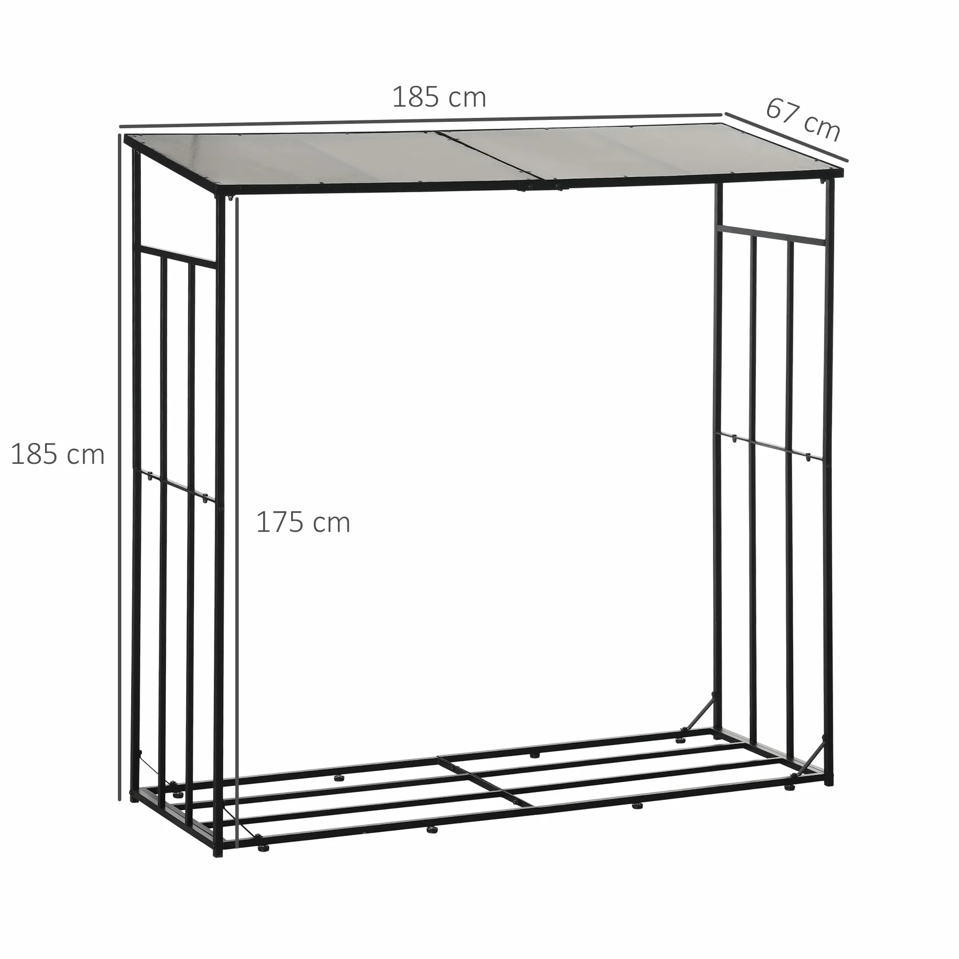 Outsunny Regał na drewno kominkowe z dachem, 185 x 67 x 185 cm, stojak na drewno opałowe, stojak na drewno opałowe, na balkon, do ogrodu, metal, czarny