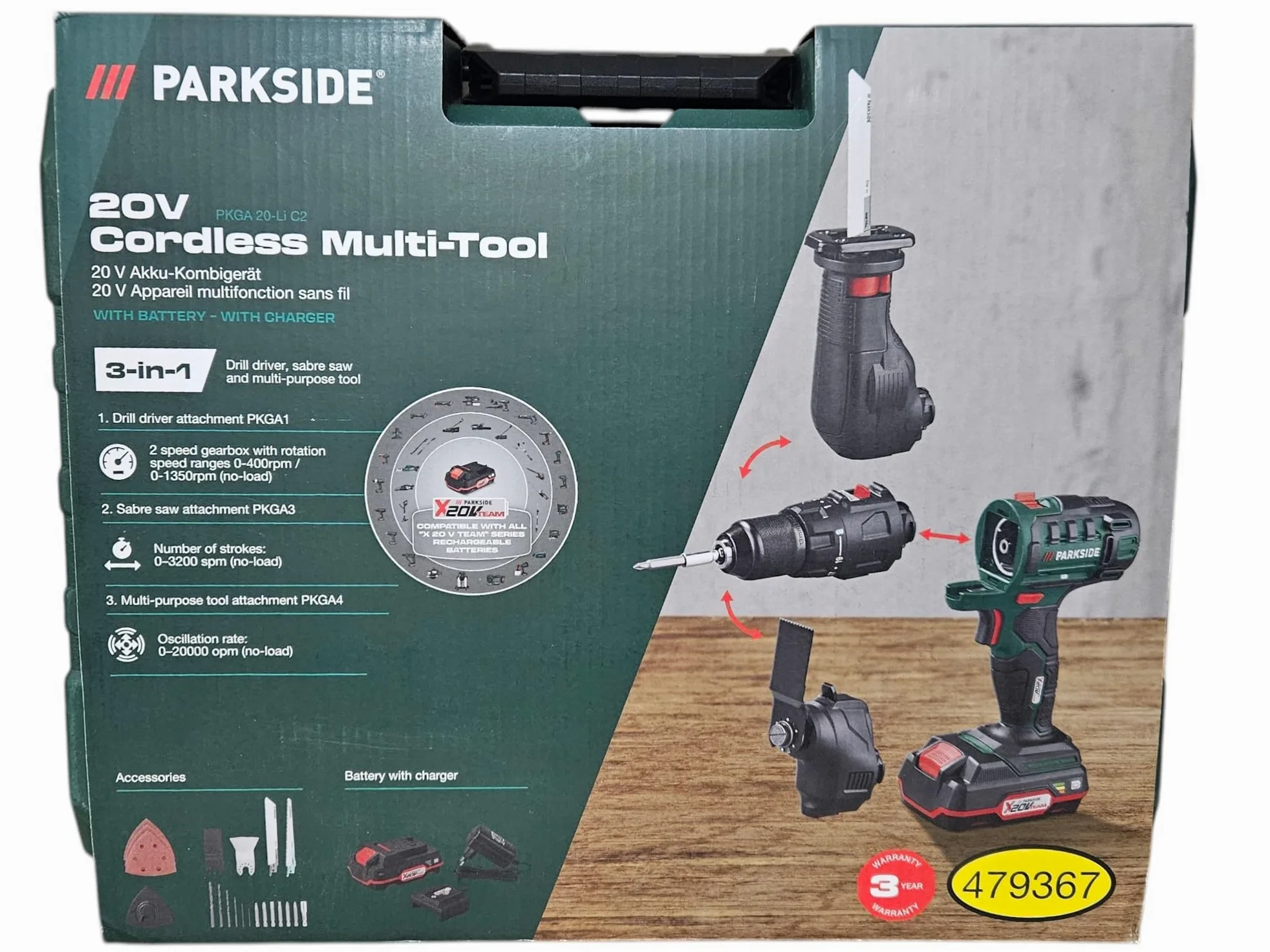 PARKSIDE® 20 V wkrętarka akumulatorowa urządzenie kombinowane 3 w 1 PKGA 20-Li C2, bez akumulatora i ładowarki, urządzenie wielofunkcyjne, piła szablasta, wiertarko-wkrętarka