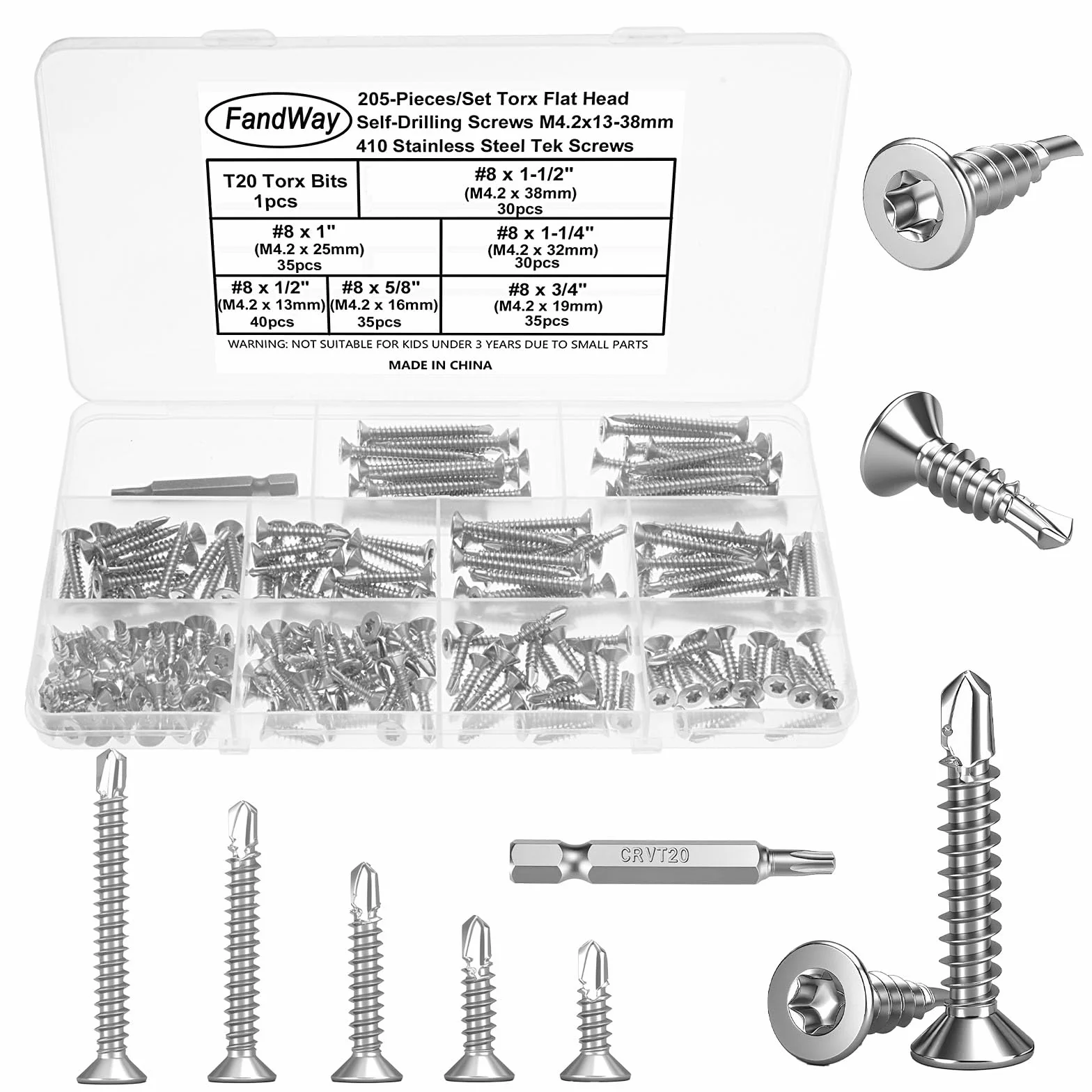 205 sztuk wkrętów Torx, wkręty samowiercące, z łbem stożkowym, M4, 2 x 13 ~ 38 mm, płaskie, stal nierdzewna, 410 wkrętów do blachy, do metalu z 1 bitem TX20