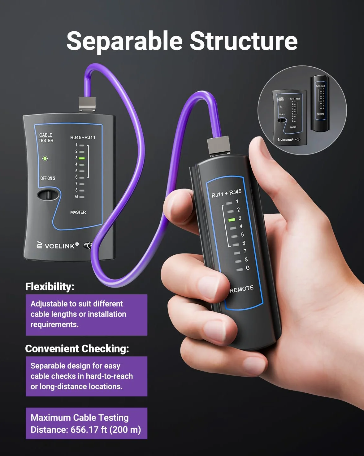 VCELINK Tester kabli sieciowych, tester RJ45 LAN do kabli CAT7, CAT6, CAT5E, CAT5 i kabla telefonicznego RJ11, czarny, 1 sztuka