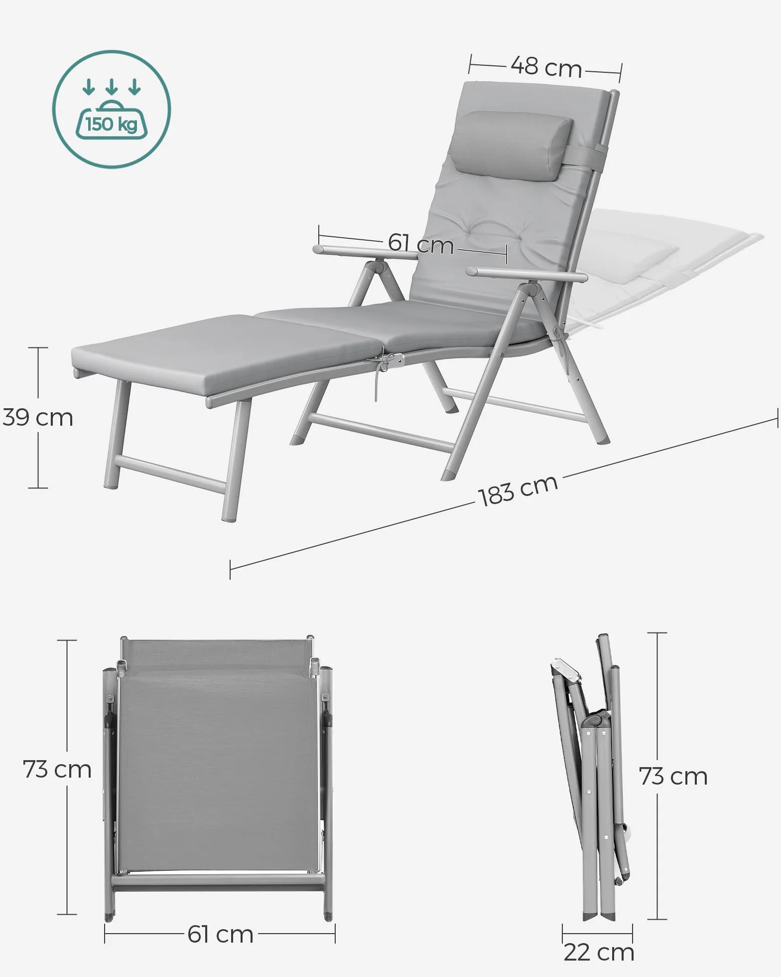 SONGMICS GCB24GY Leżak do opalania składany z materacem 6 cm, aluminium nierdzewne, obciążenie 150 kg, szary