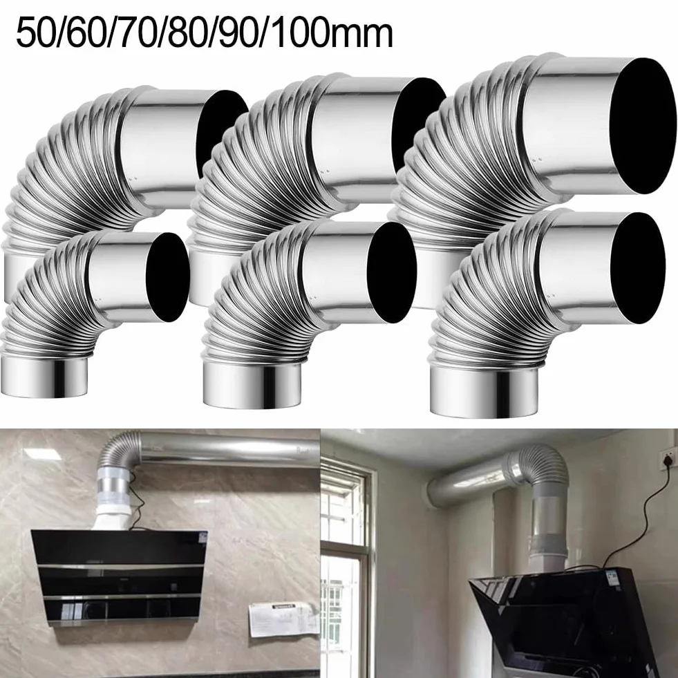 FUBESK Kolanko rurowe 90°, elastyczna rura pieca, komin pieca na drewno ze stali nierdzewnej, Ø 50mm, 60mm, 70mm, 80mm, 90mm, 100mm, żaroodporne kolanko wkładu kominowego zgięcie rury spalinowej (60mm