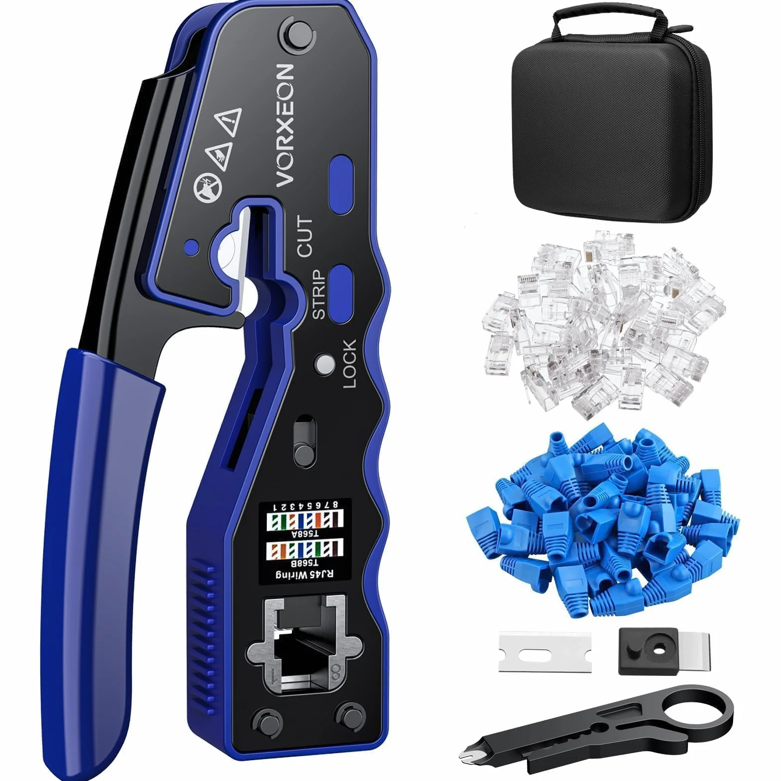 rj45 zestaw narzędzi do zaciskania Ethernet Cat 6, zaciskarka przelotowa z mini striptizerką przewodów, 50 szt. kryształów przelotowych Cat6