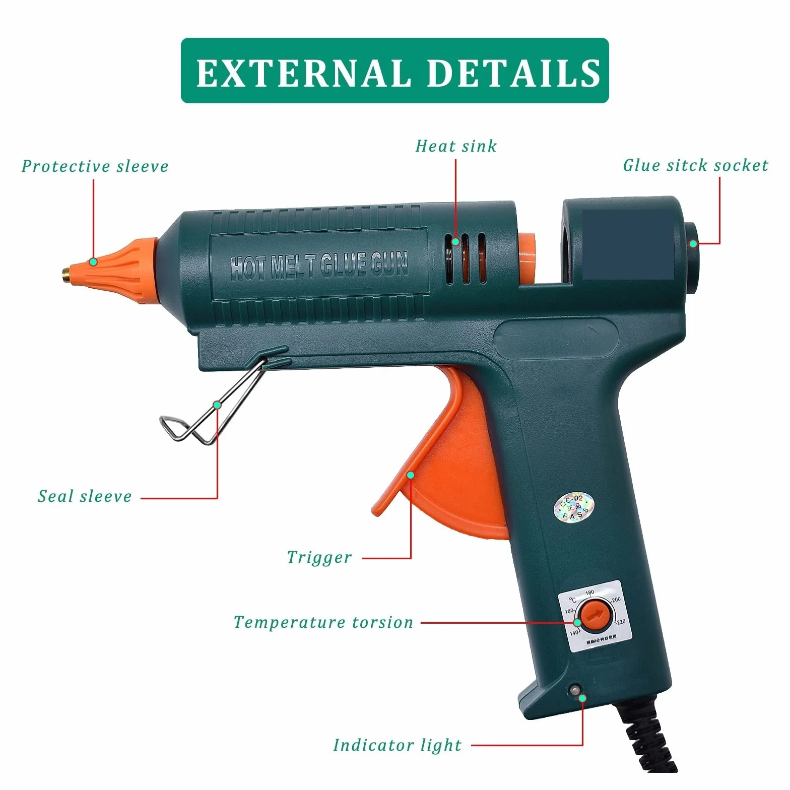 150W Pistolet Do Klejenia Na Gorąco Regulacja Temperatury 140~220 Stopni Celsjusza Wymienna Dysza Użyj 11mm Klej W Sztyfcie Do Naprawy Narzędzia DIY(SET-1)