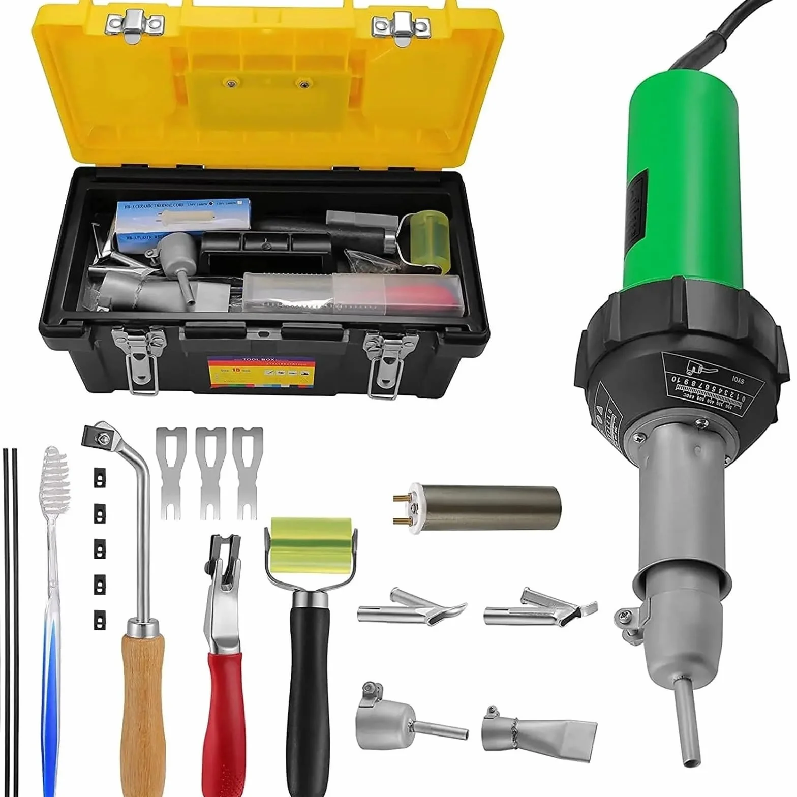 Maszyna do naprawy spawarki 1600W Zintegrowane spawarki plastikowe 21 szt. Zestaw palników do spawania gorącym powietrzem z dyszami prędkości Rolka PE Plastik PVC 20℃ - 600℃(With box)