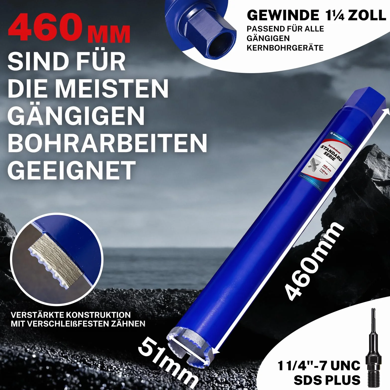 Wiertło rdzeniowe 51 mm z SDS Plus (1-1/4 cala) – głębokość cięcia 410 mm – wiercenie na mokro diamentowa koronka wiertnicza do betonu zbrojonego, muru, kamienia, cegły (łącznie 460 mm)