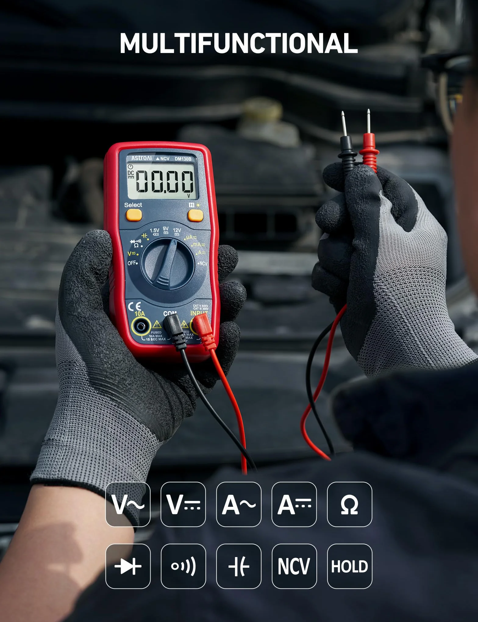 AstroAI Miernik cyfrowy, 4000 zliczeń, automatyczny tester, multitester, DMM, omomierz, woltomierz, 1,5 V, 9 V, 12 V, tester napięcia akumulatora z funkcją bezdotykową