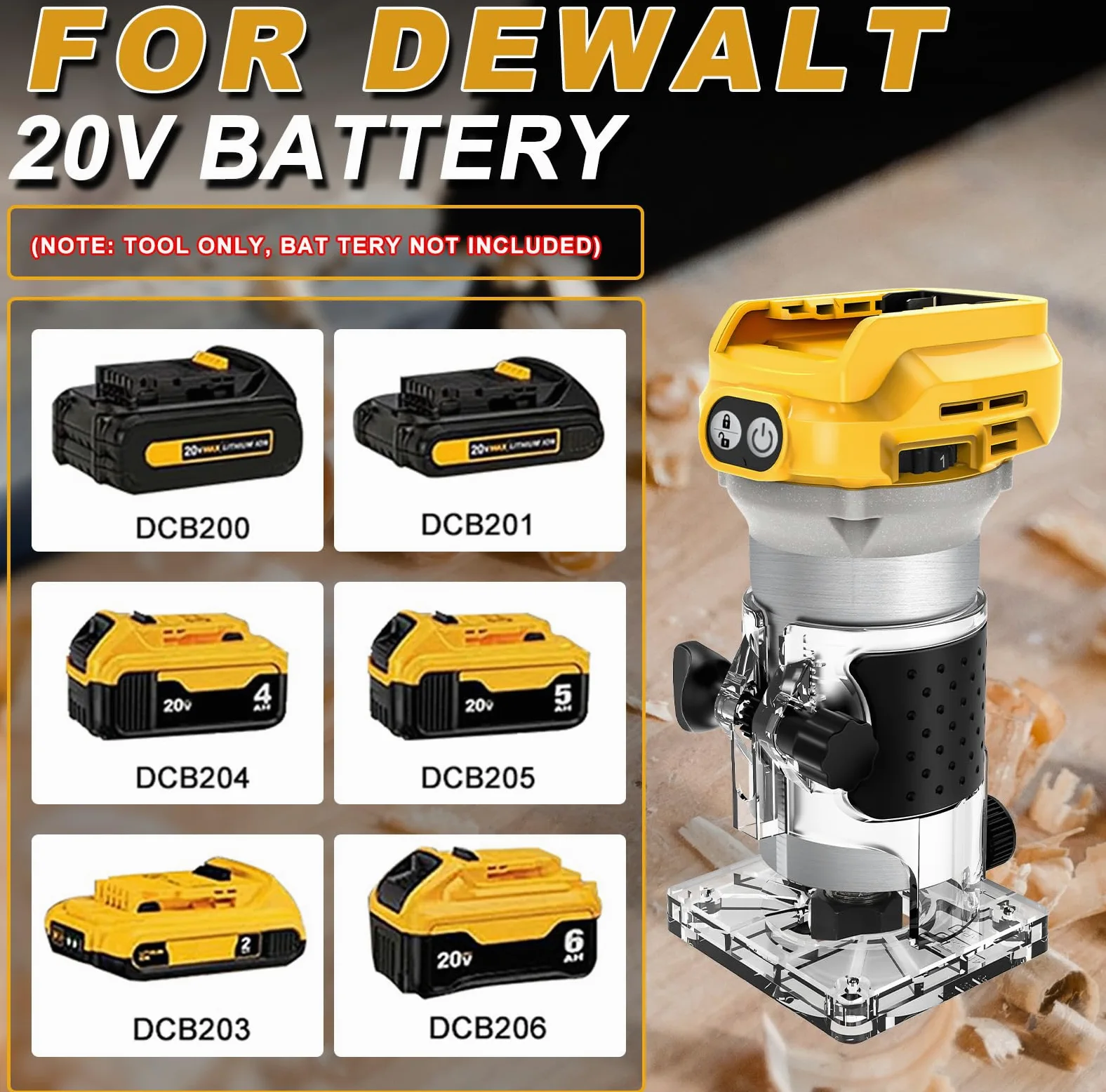 WingFly Akumulatorowa frezarka krawędziowa do akumulatorów Dewalt 18 V, 20 V, bezszczotkowa, przenośna frezarka ręczna do obróbki drewna, akumulatorowy trymer do drewna z 15 elementami
