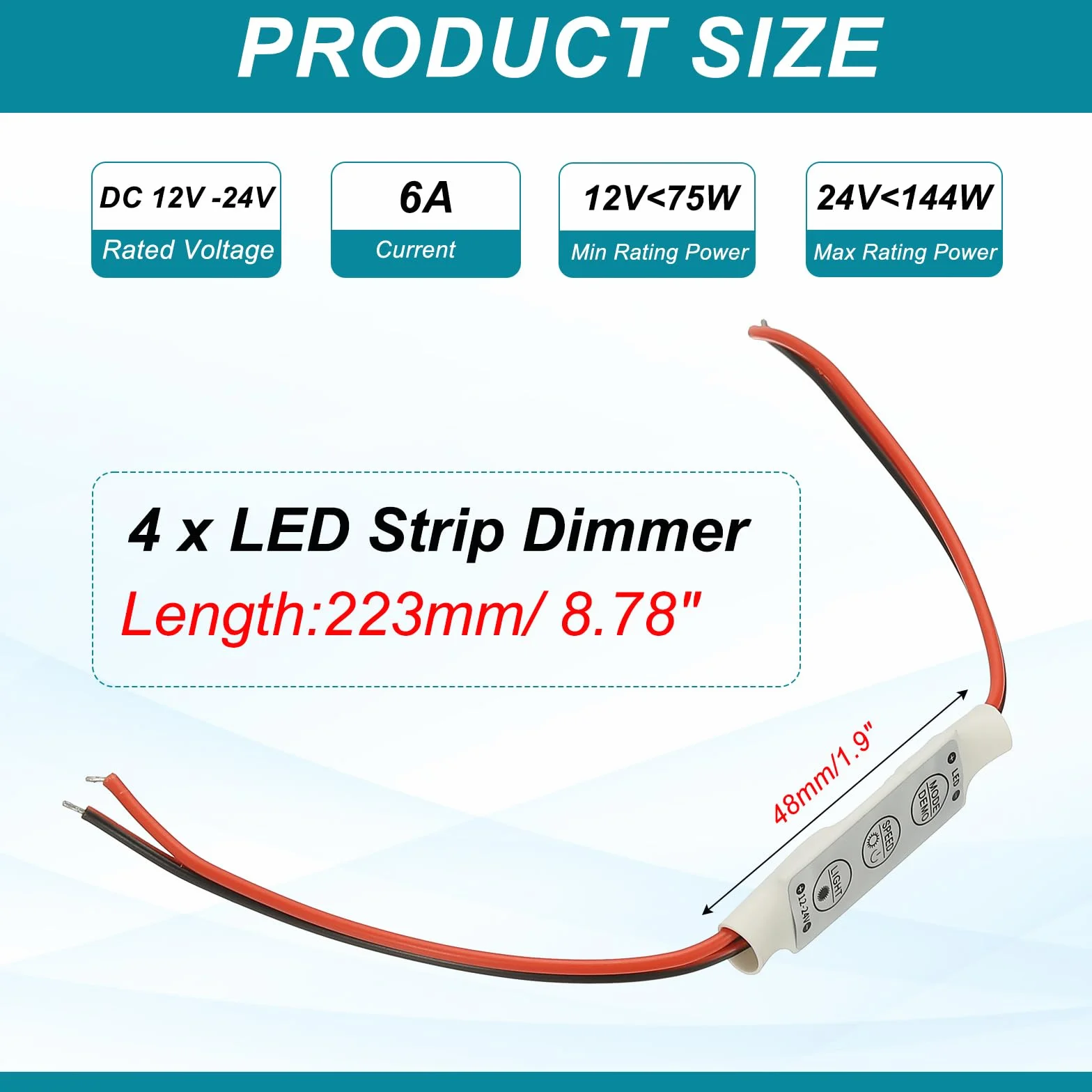 QUARKZMAN Kontroler taśm LED, DC 12 V do 24 V 6 A, 3 przyciski, regulacja jasności, ściemniacz, przełącznik lampy do jednokolorowych pasków, opakowanie zawiera 4 szt