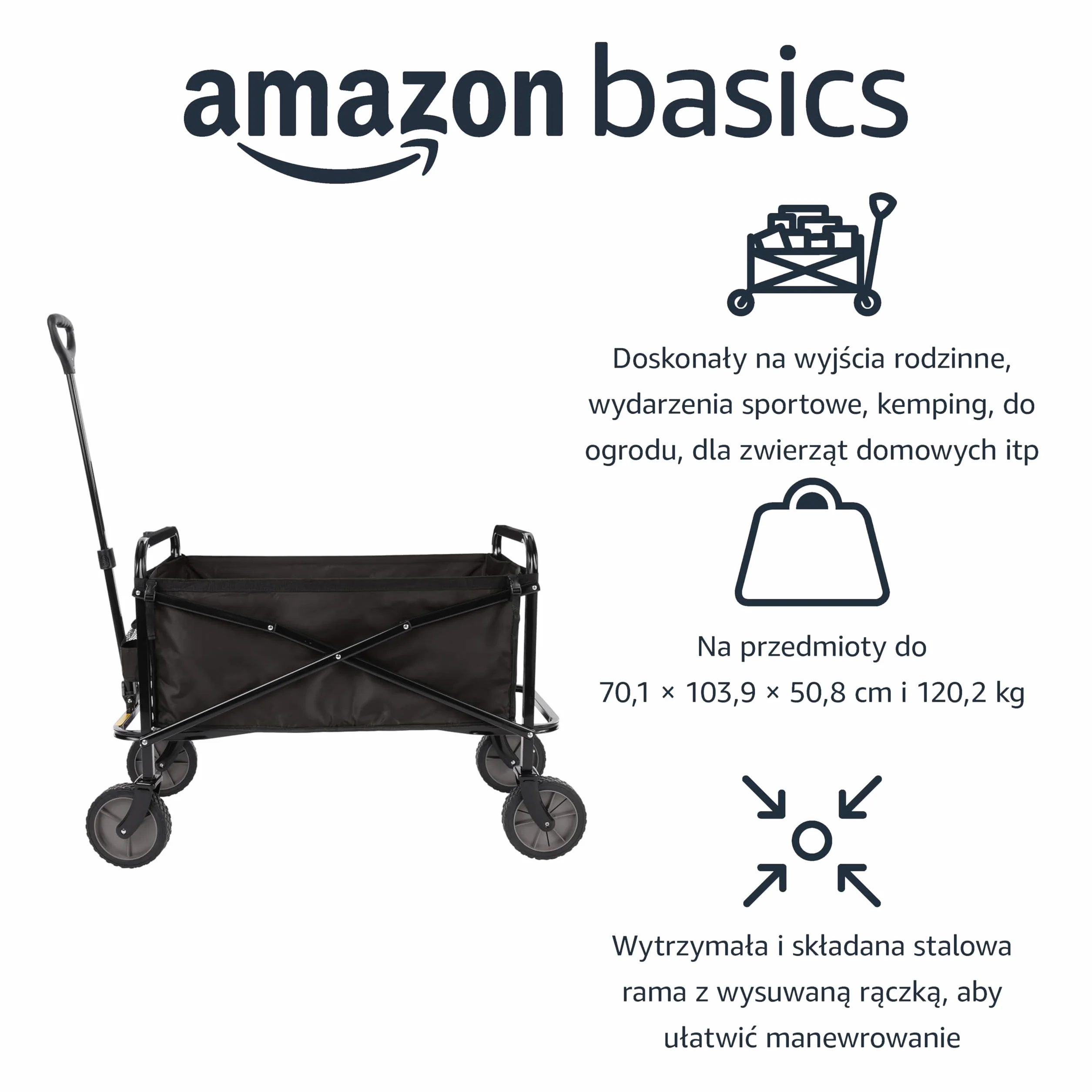 Amazon Basics Wózek do Ogrodu, Czarny, ‎103.89 x 50.8 x 70.1 cm