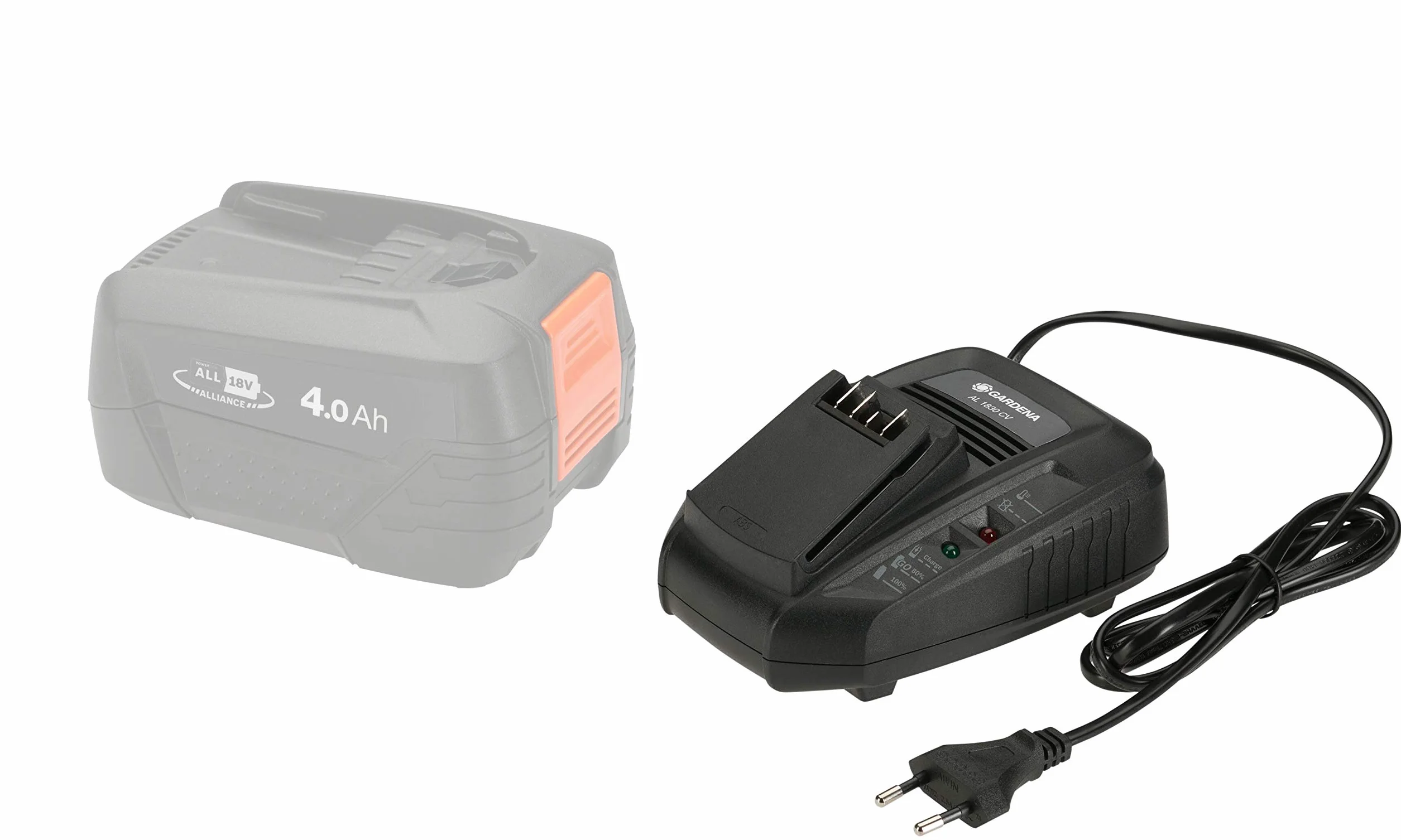 Gardena ładowarka do sz. ład. AL 1830 CV: Nadaje się do wszystkich akumulatorów 18V POWER FOR ALL, czas ładowania wynosi 60 min. dla akum. 2,5Ah, ze wskaźnikiem stanu LED (14901-20)
