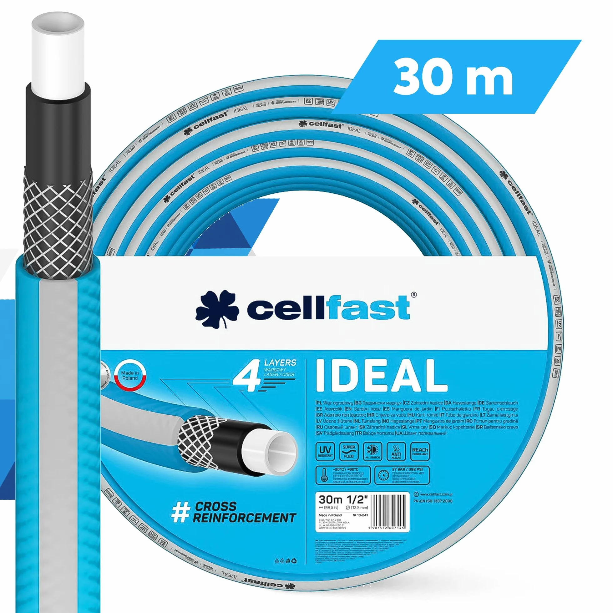 CELLFAST IDEAL bęben na wąż ogrodowy 1/2" 30 m z słuchawką ogrodową i zestawem przyłączeniowym | wąż ogrodowy do bębna zwijacza węża 1/2 cala | wózek z wężem elastycznym, zapobiegającym skręcaniu się