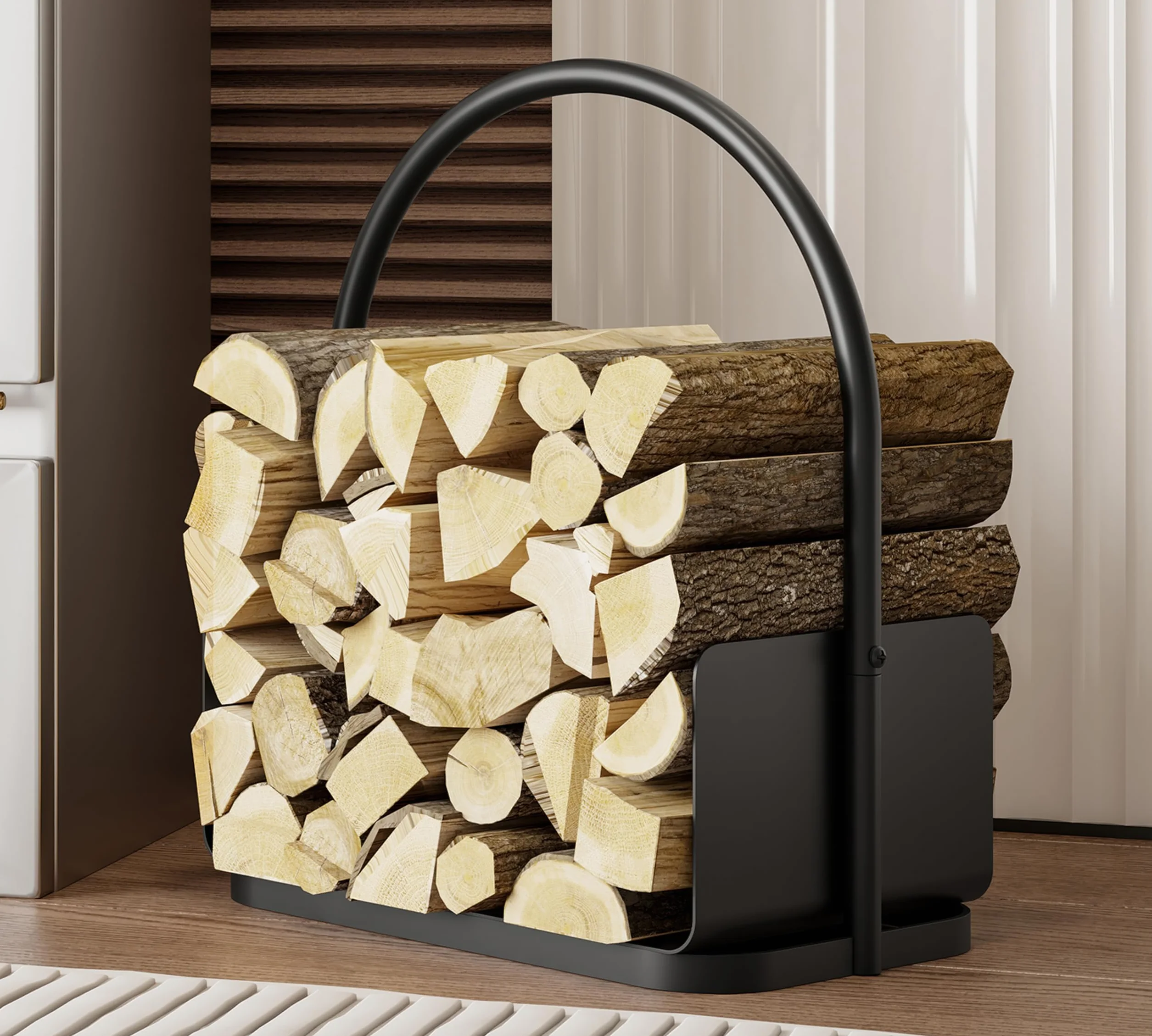 Kingson Kosz na drewno opałowe – Czarny stalowy nośnik polan z powłoką proszkową z uchwytem i podwyższoną krawędzią – 42x28x42cm – Stojak do przechowywania drewna kominkowego do wnętrz i na zewnątrz