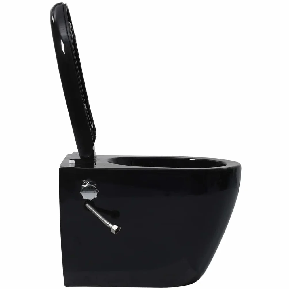 Wc ścienna bez krawędzi spłukiwania, ceramiczna czarna z funkcją bidetu, oszczędność miejsca design do łazienki, łącznie z elementami mocującymi, wolnoopadająca i łatwa w pielęgnacji
